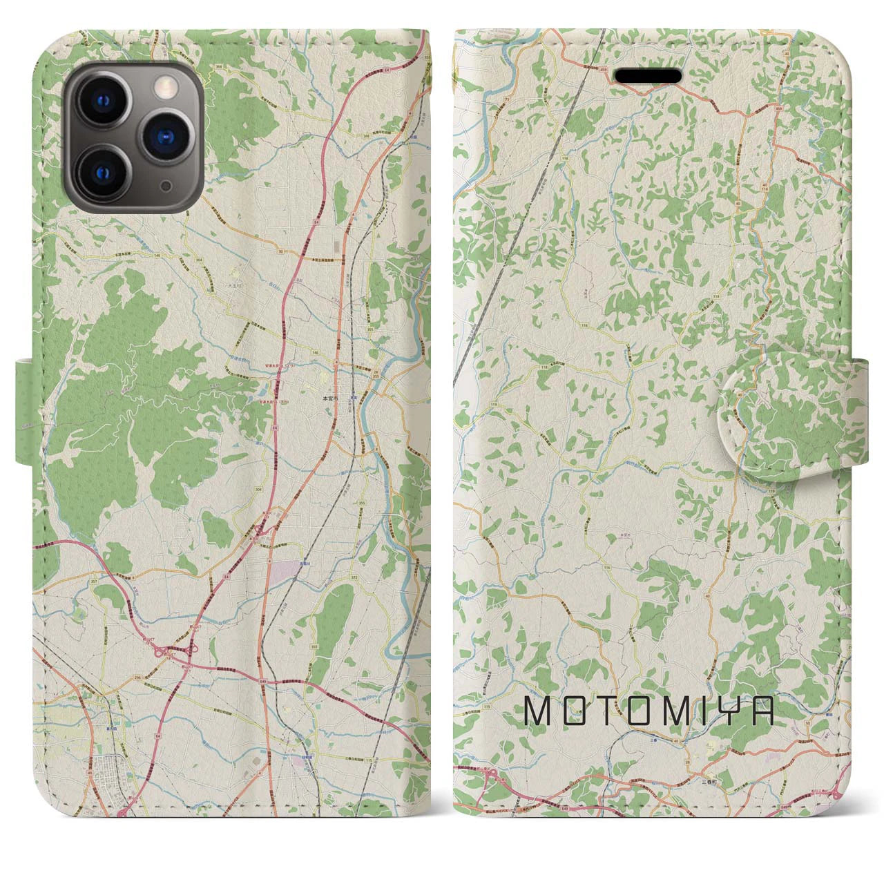 【本宮(福島県)】地図柄iPhoneケース(手帳タイプ)ナチュラル・iPhone 11 Pro Max 用