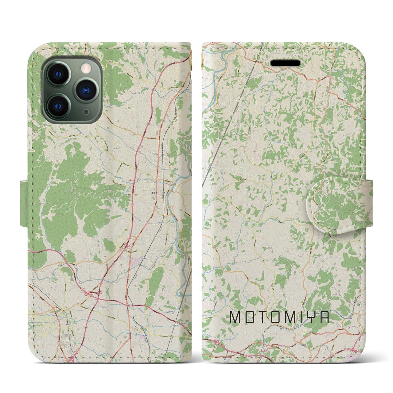 【本宮(福島県)】地図柄iPhoneケース(手帳タイプ)ナチュラル・iPhone 11 Pro 用