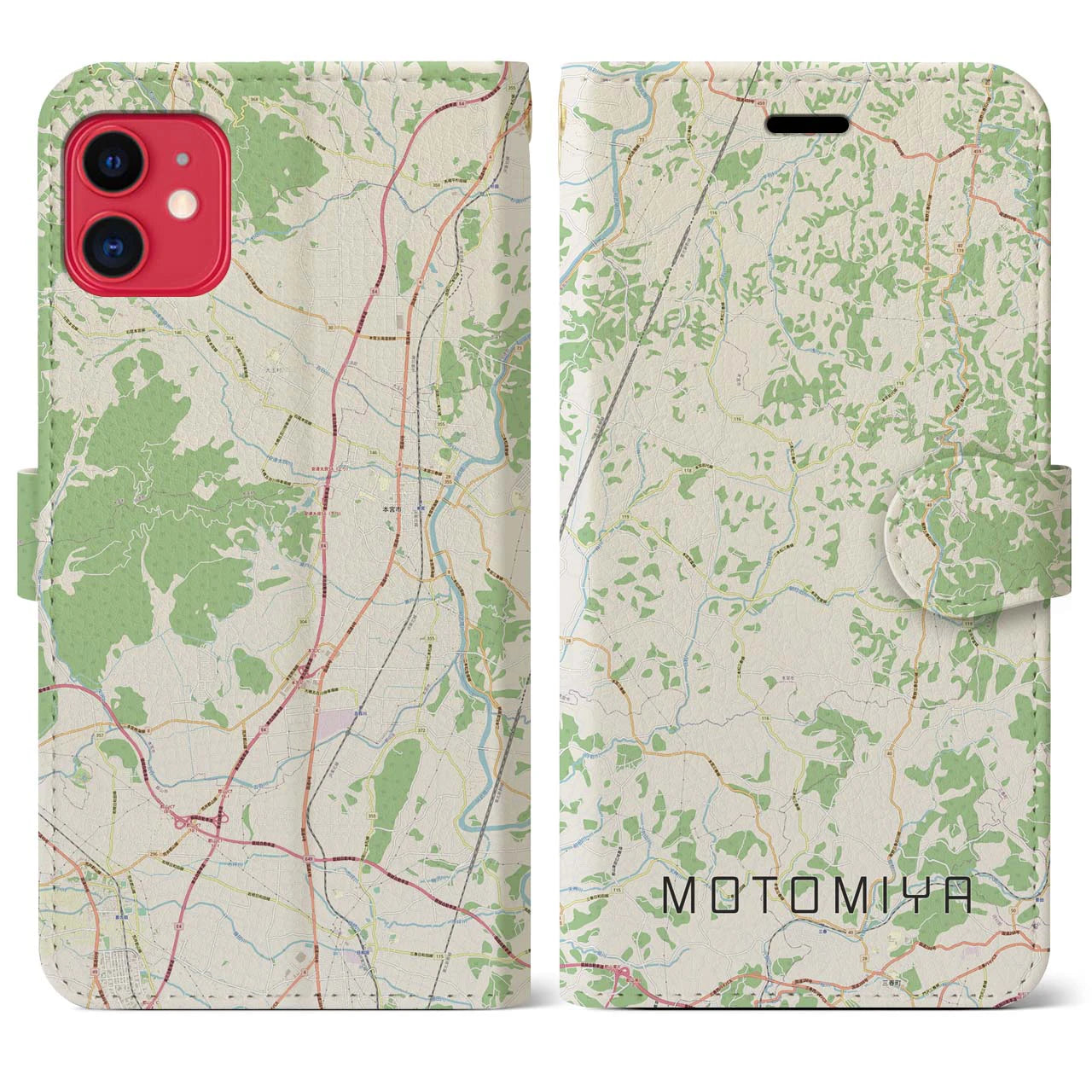 【本宮(福島県)】地図柄iPhoneケース(手帳タイプ)ナチュラル・iPhone 11 用