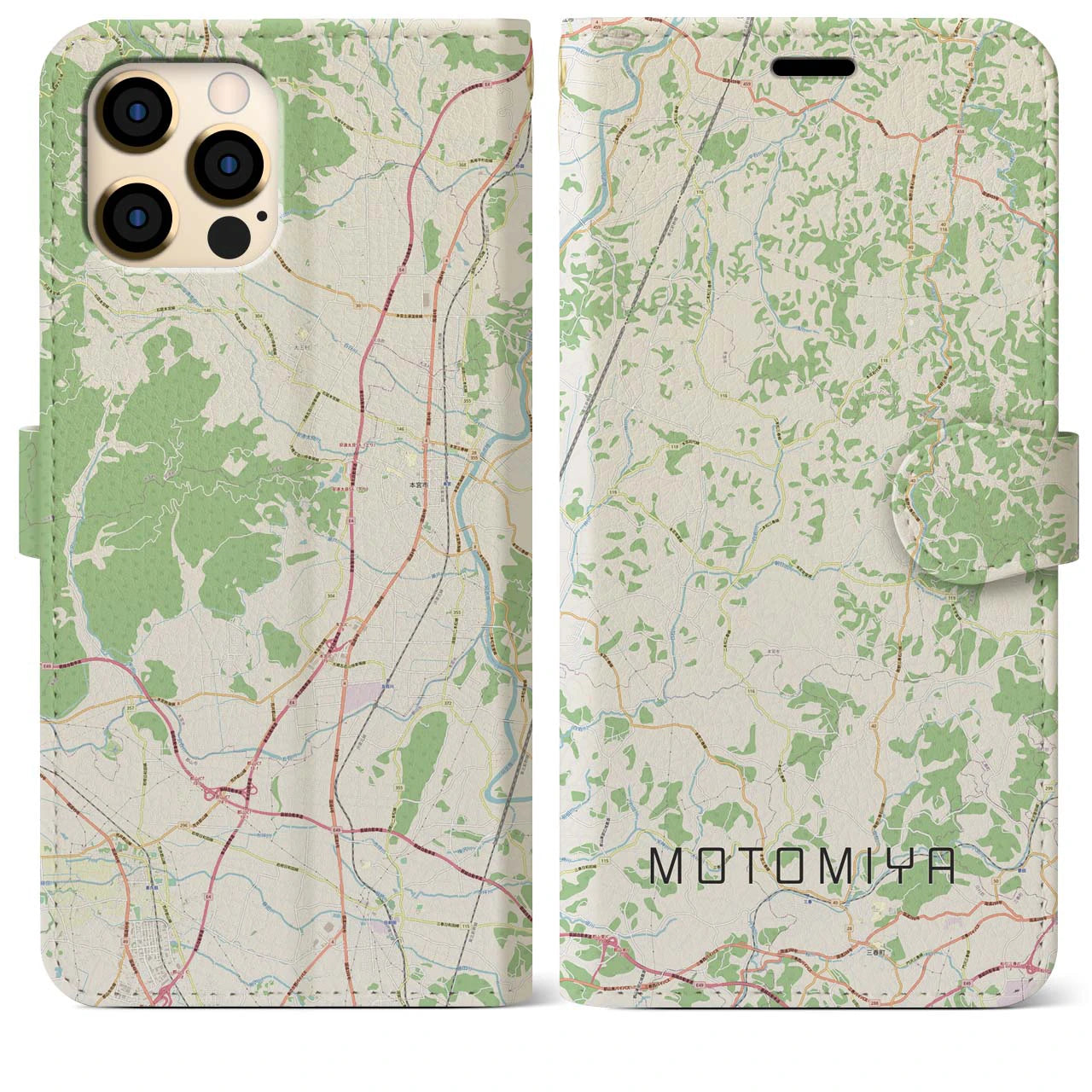 【本宮(福島県)】地図柄iPhoneケース(手帳タイプ)ナチュラル・iPhone 12 Pro Max 用