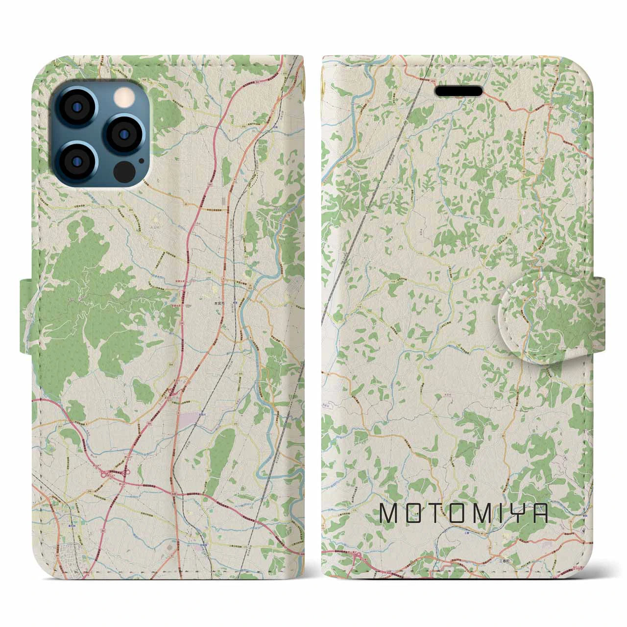 【本宮(福島県)】地図柄iPhoneケース(手帳タイプ)ナチュラル・iPhone 12 / 12 Pro 用