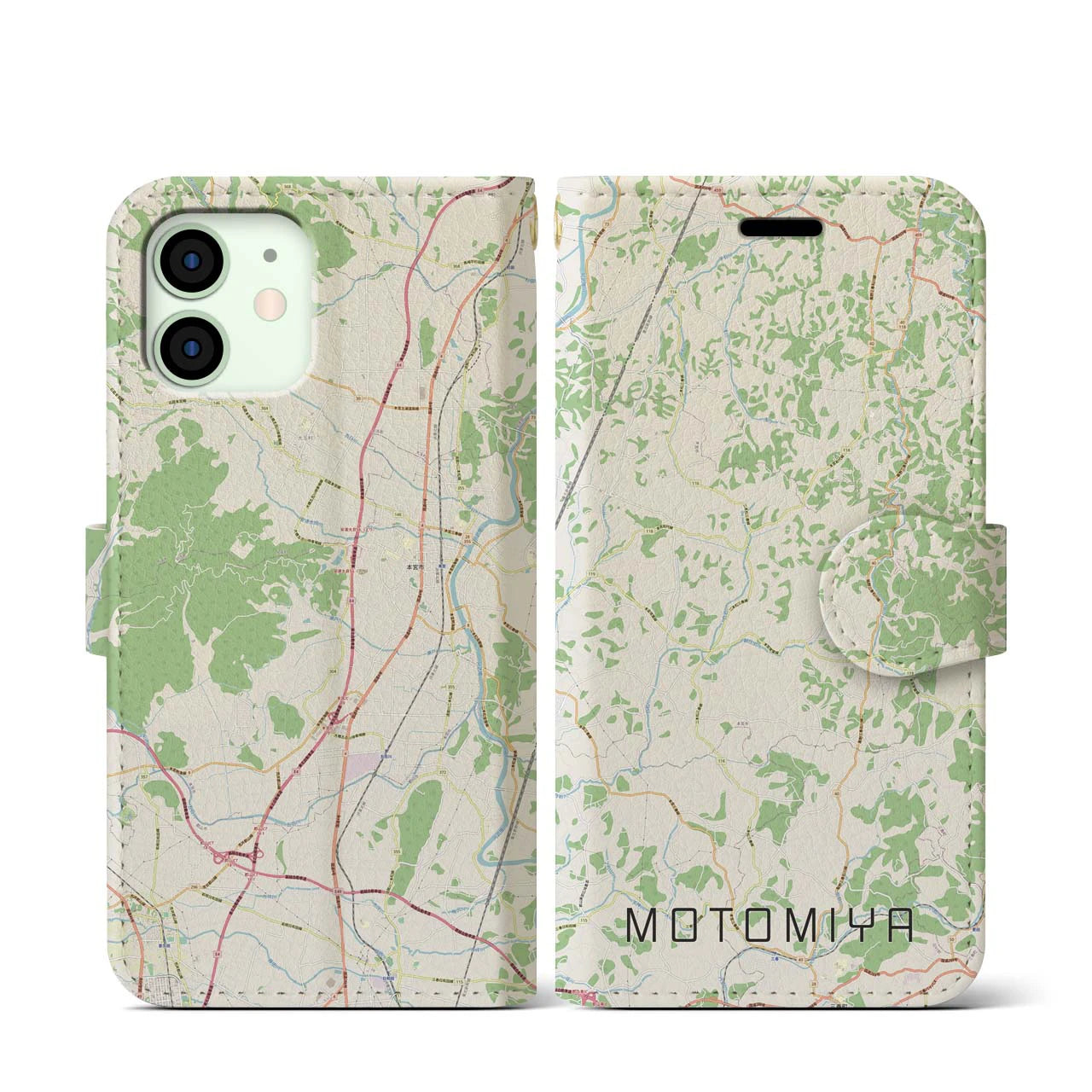 【本宮(福島県)】地図柄iPhoneケース(手帳タイプ)ナチュラル・iPhone 12 mini 用