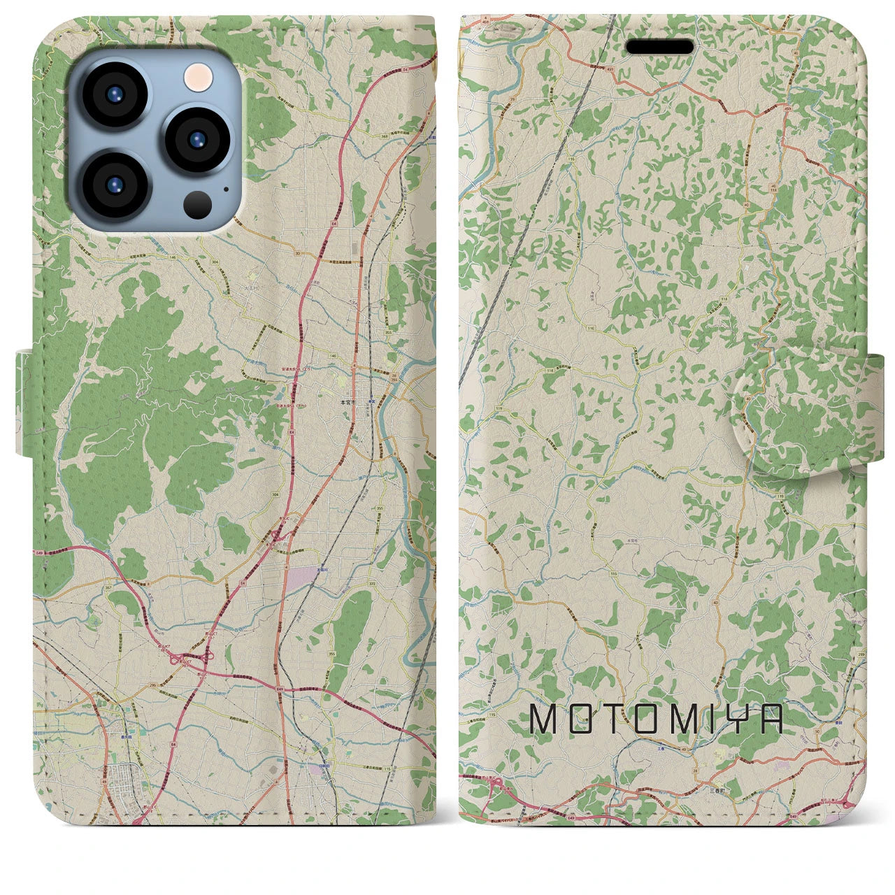 【本宮(福島県)】地図柄iPhoneケース(手帳タイプ)ナチュラル・iPhone 13 Pro Max 用