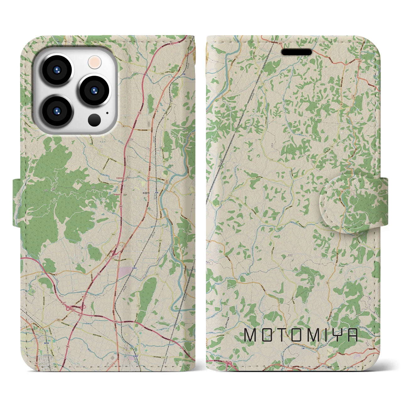 【本宮(福島県)】地図柄iPhoneケース(手帳タイプ)ナチュラル・iPhone 13 Pro 用