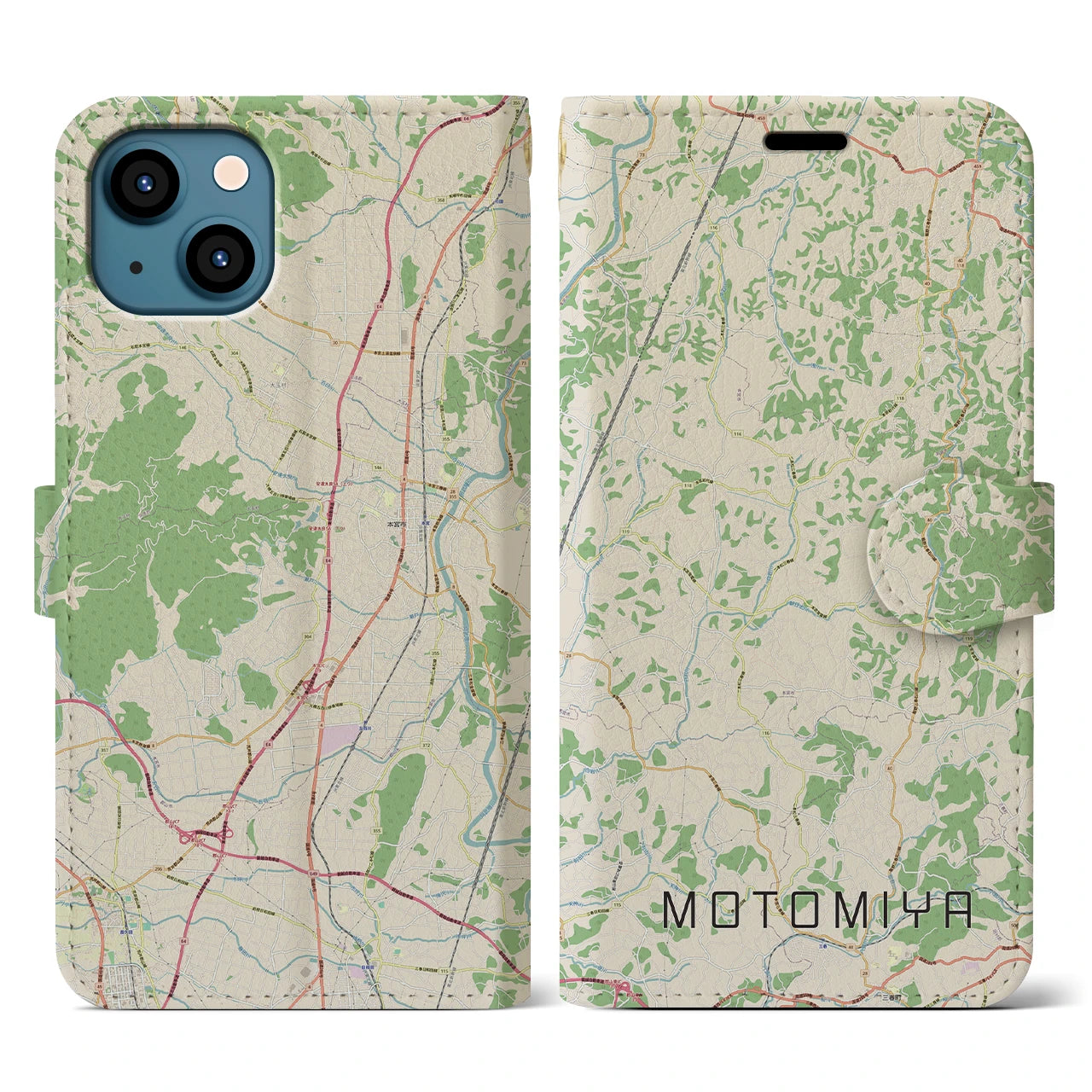 【本宮(福島県)】地図柄iPhoneケース(手帳タイプ)ナチュラル・iPhone 13 用