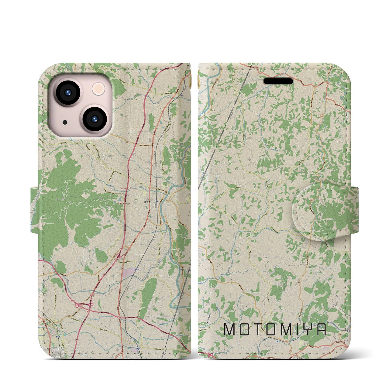 【本宮(福島県)】地図柄iPhoneケース(手帳タイプ)ナチュラル・iPhone 13 mini 用