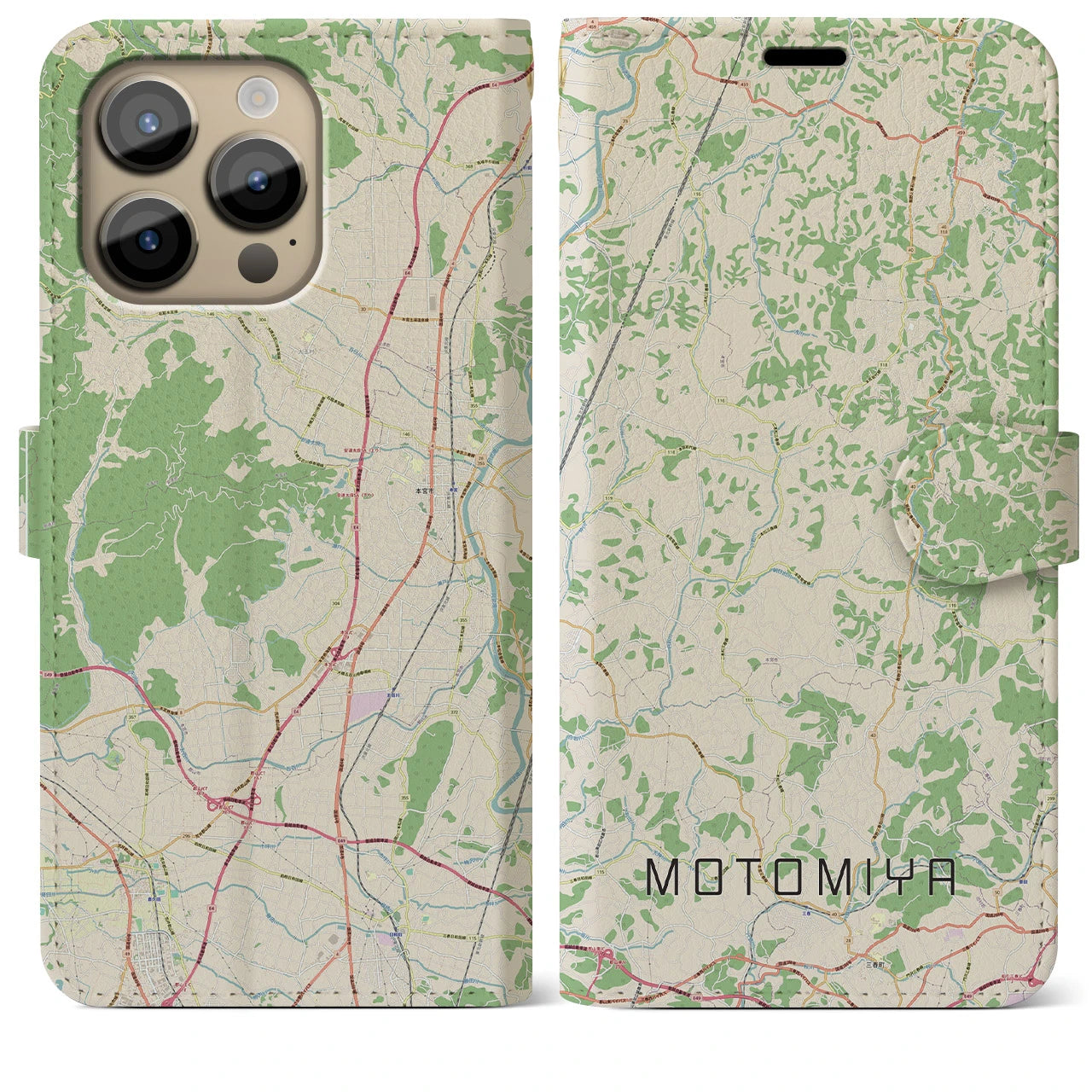 【本宮(福島県)】地図柄iPhoneケース(手帳タイプ)ナチュラル・iPhone 14 Pro Max 用