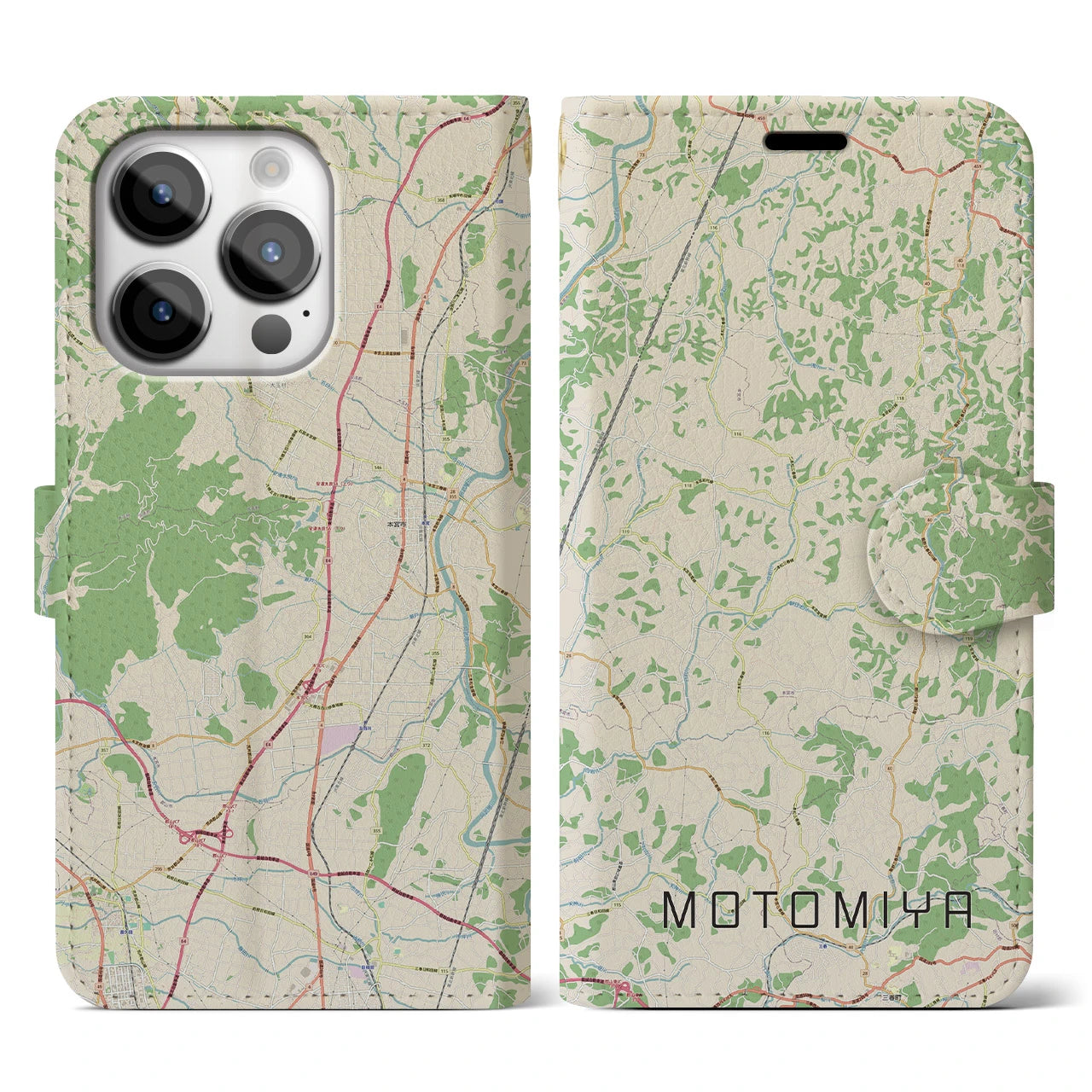 【本宮(福島県)】地図柄iPhoneケース(手帳タイプ)ナチュラル・iPhone 14 Pro 用