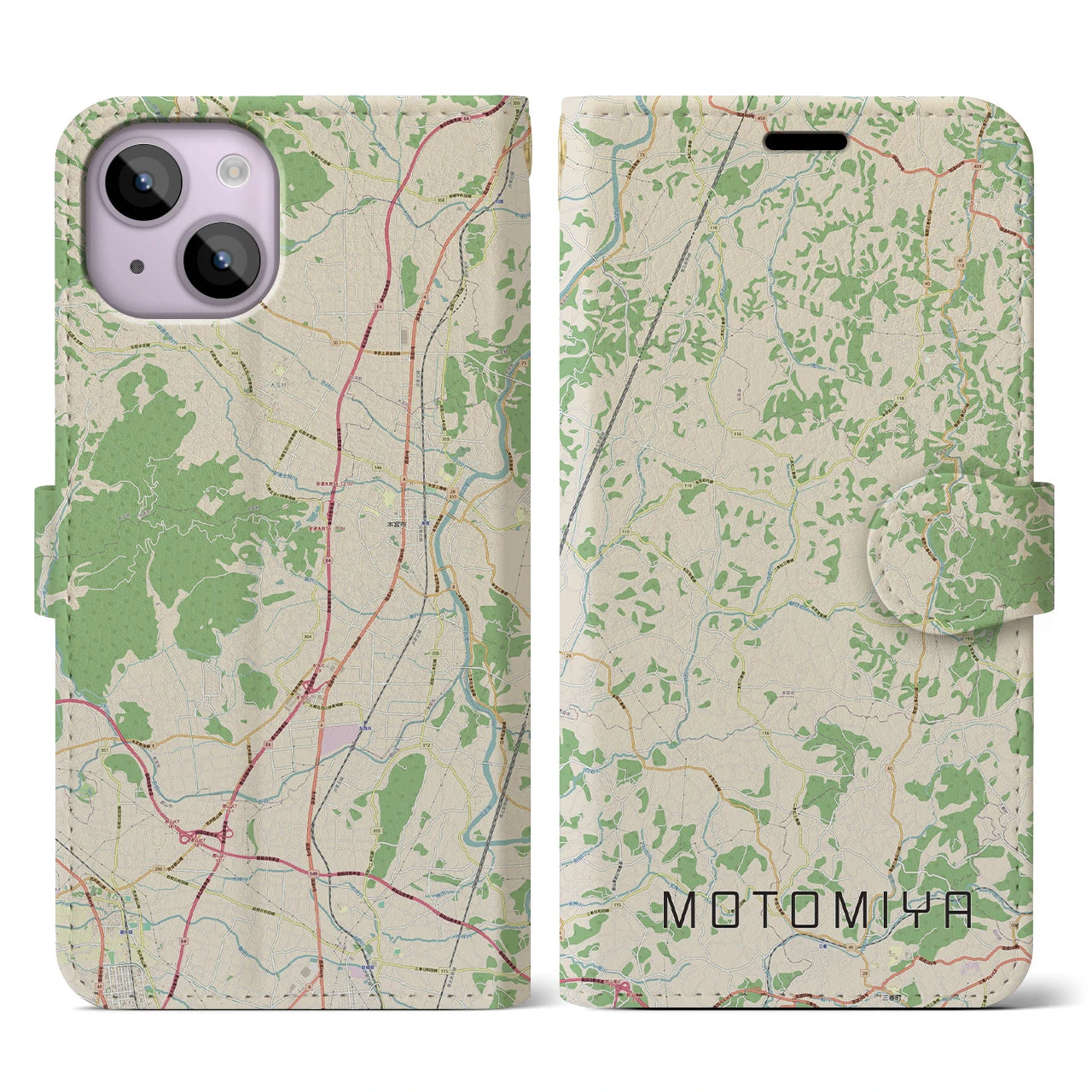 【本宮(福島県)】地図柄iPhoneケース(手帳タイプ)ナチュラル・iPhone 14 用