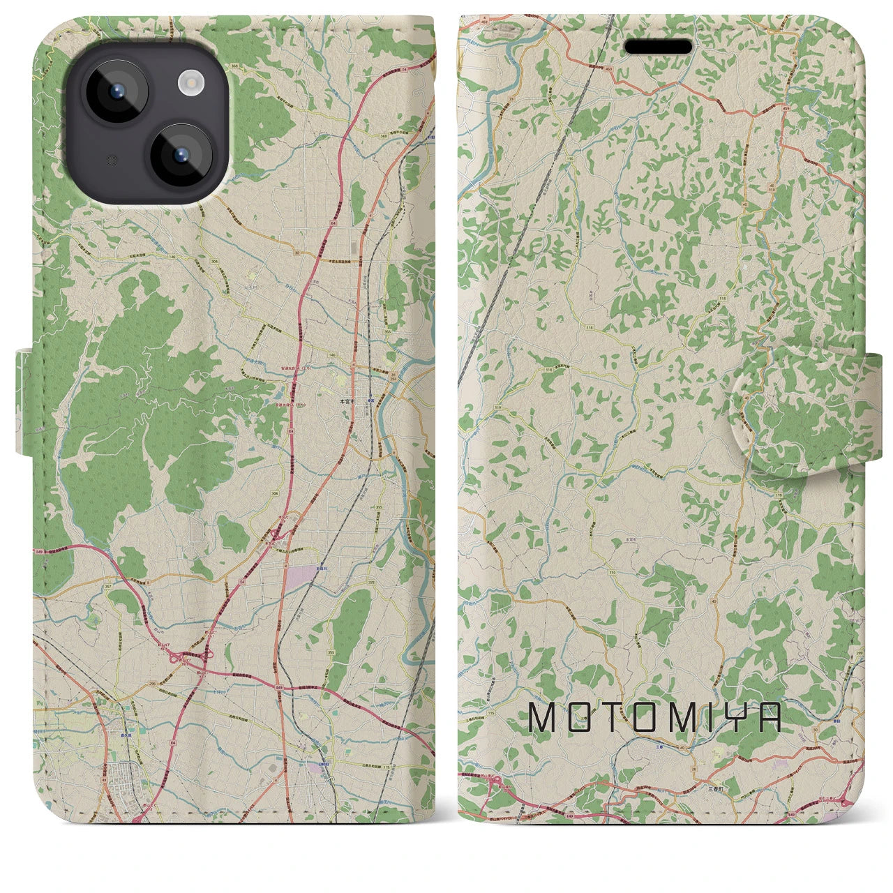 【本宮(福島県)】地図柄iPhoneケース(手帳タイプ)ナチュラル・iPhone 14 Plus 用