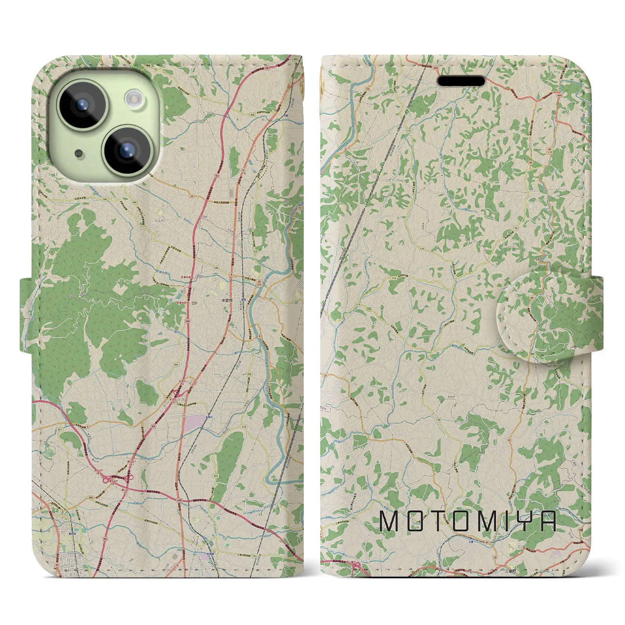 【本宮(福島県)】地図柄iPhoneケース(手帳タイプ)ナチュラル・iPhone 15 用