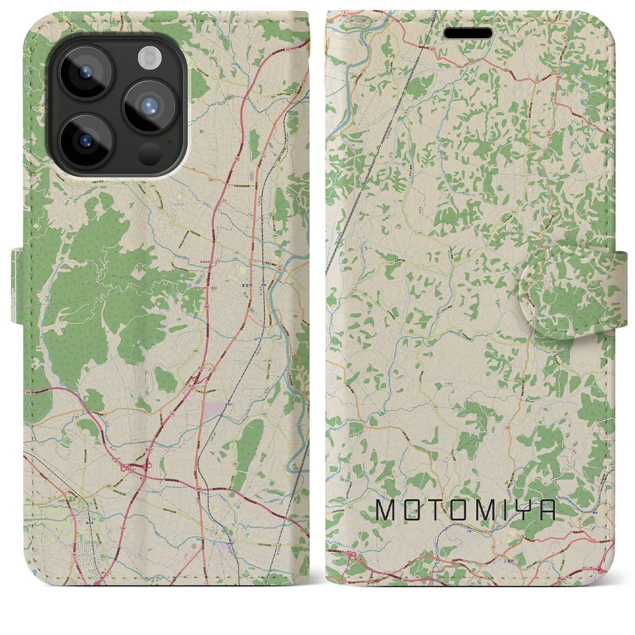 【本宮(福島県)】地図柄iPhoneケース(手帳タイプ)ナチュラル・iPhone 15 Pro Max 用