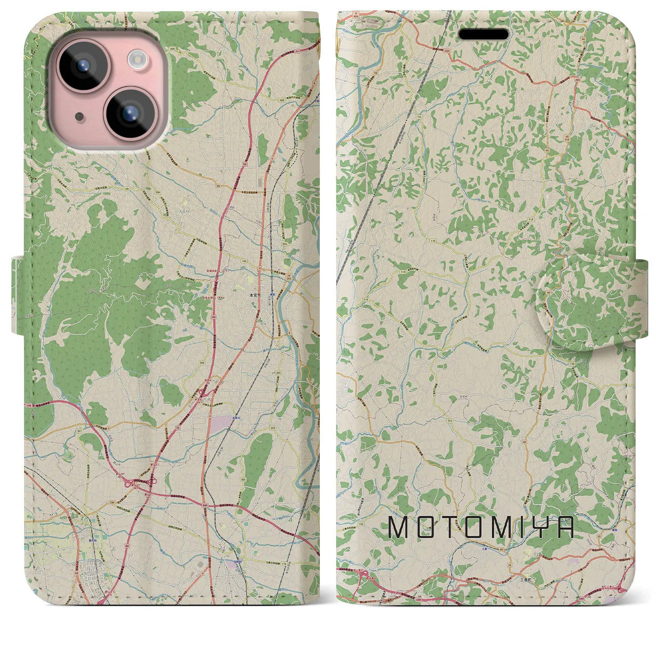 【本宮(福島県)】地図柄iPhoneケース(手帳タイプ)ナチュラル・iPhone 15 Plus 用