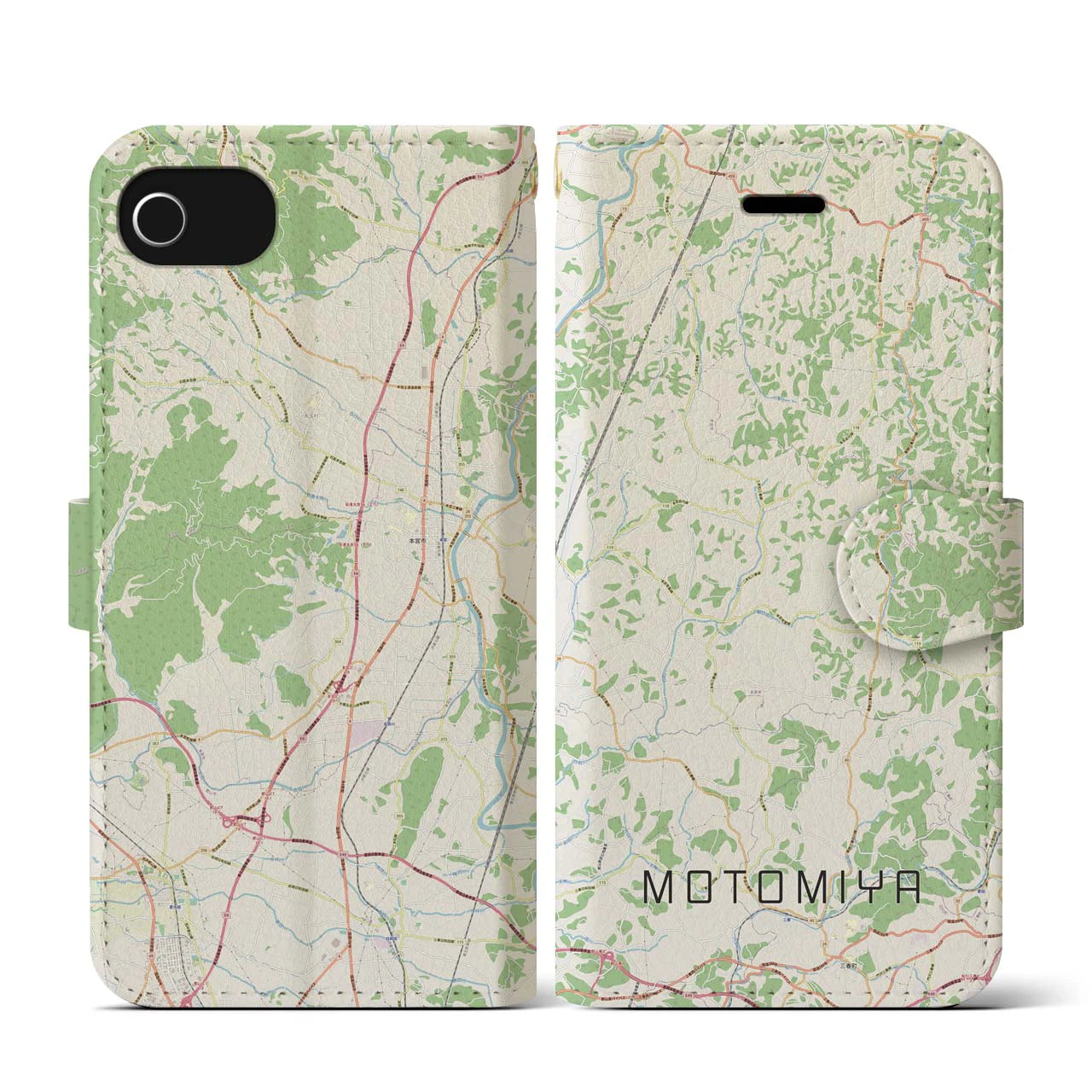 【本宮(福島県)】地図柄iPhoneケース(手帳タイプ)ナチュラル・iPhone SE(第3 / 第2世代) / 8 / 7 / 6s / 6 用
