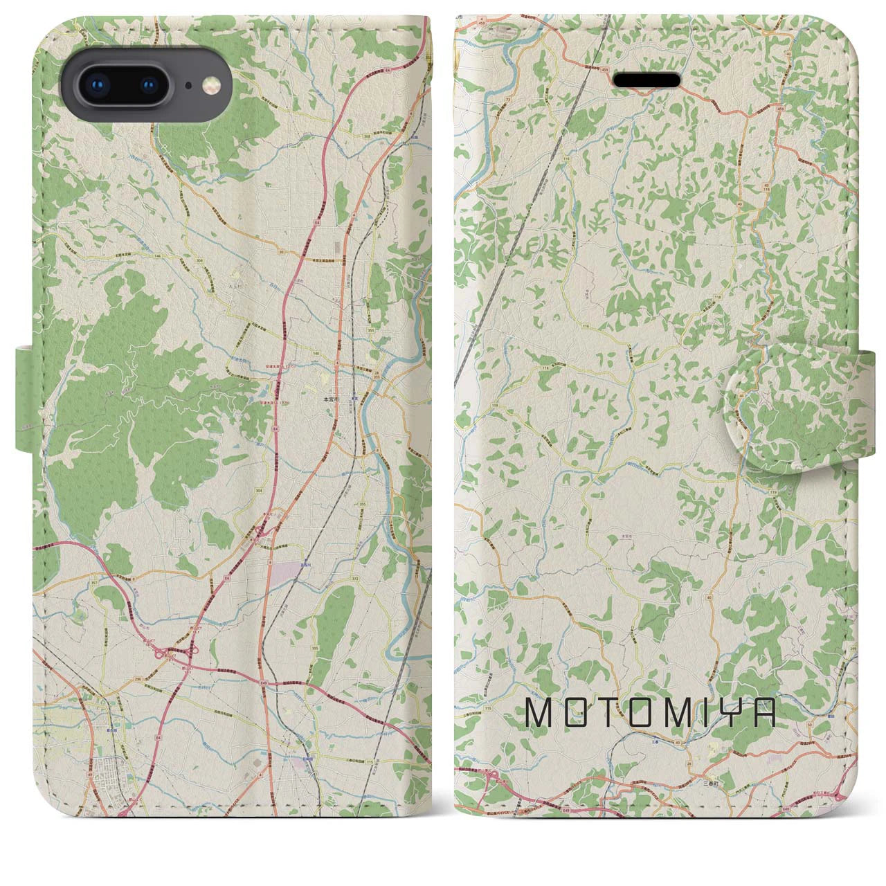 【本宮(福島県)】地図柄iPhoneケース(手帳タイプ)ナチュラル・iPhone 8Plus /7Plus / 6sPlus / 6Plus 用