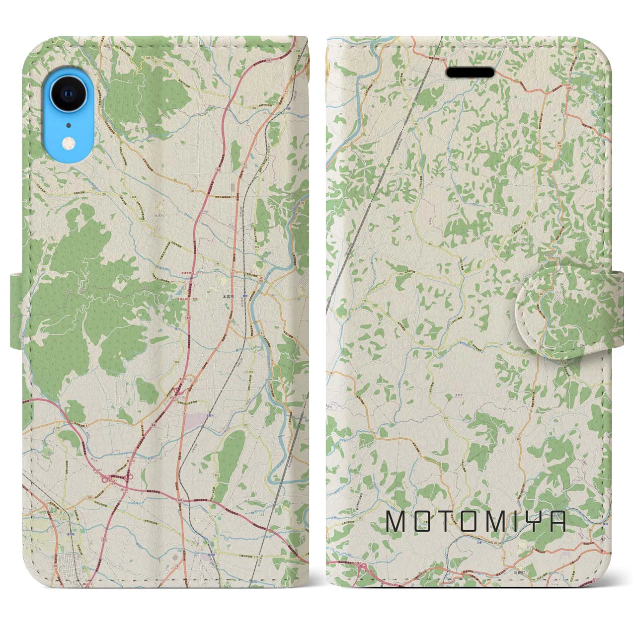 【本宮(福島県)】地図柄iPhoneケース(手帳タイプ)ナチュラル・iPhone XR 用