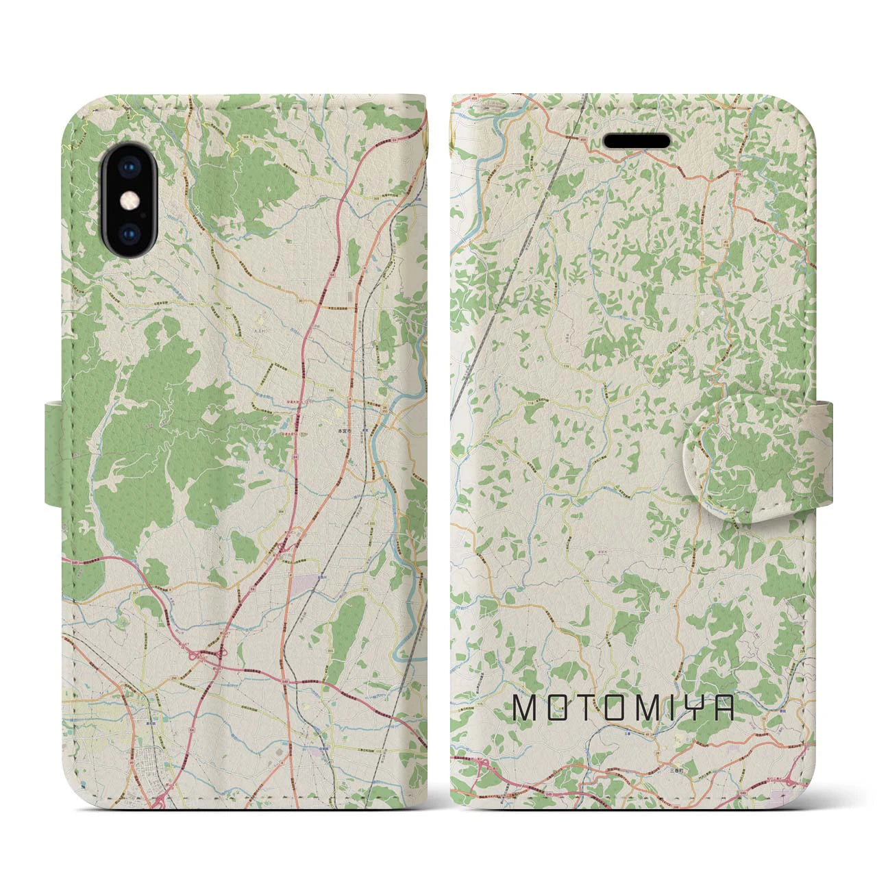 【本宮(福島県)】地図柄iPhoneケース(手帳タイプ)ナチュラル・iPhone XS / X 用