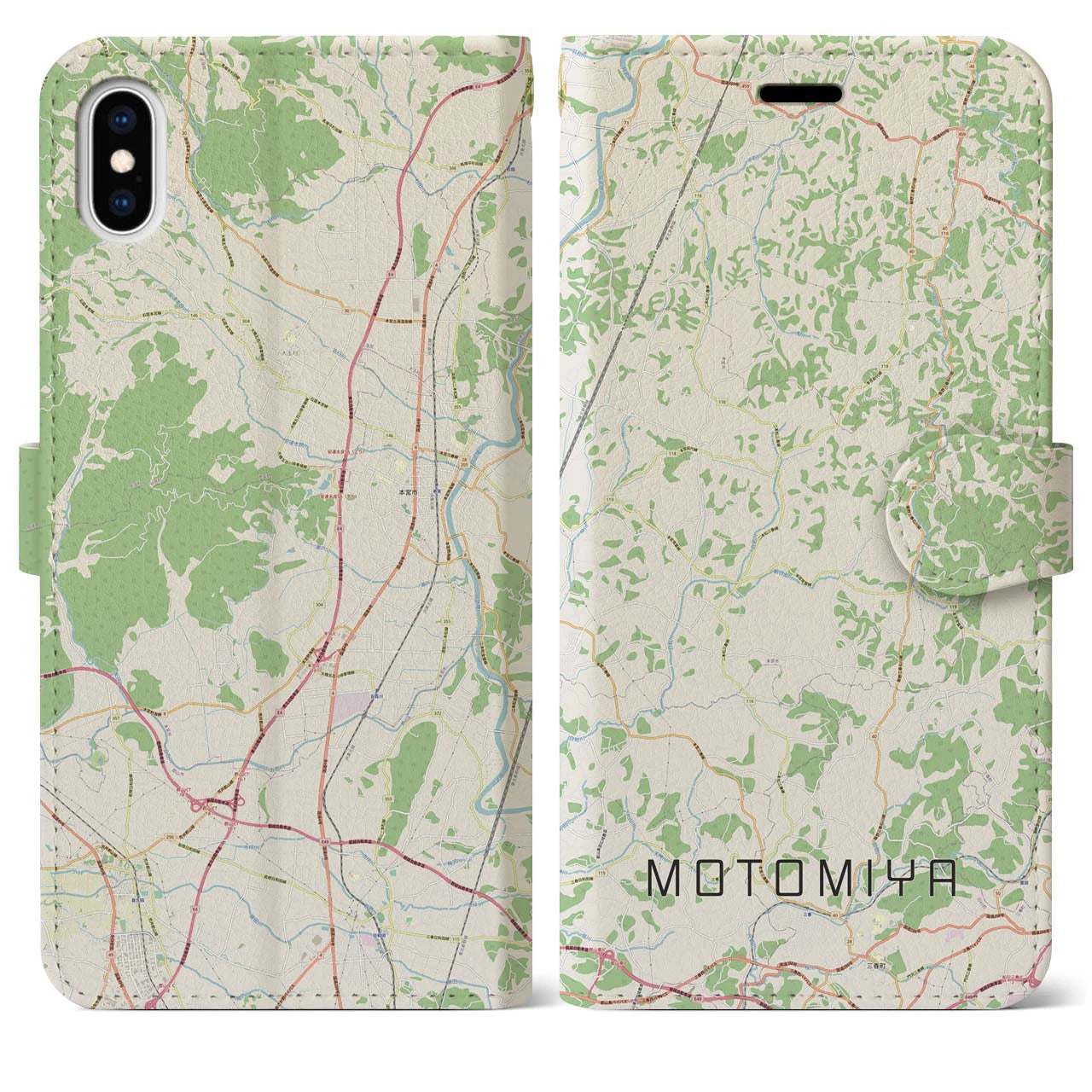 【本宮(福島県)】地図柄iPhoneケース(手帳タイプ)ナチュラル・iPhone XS Max 用