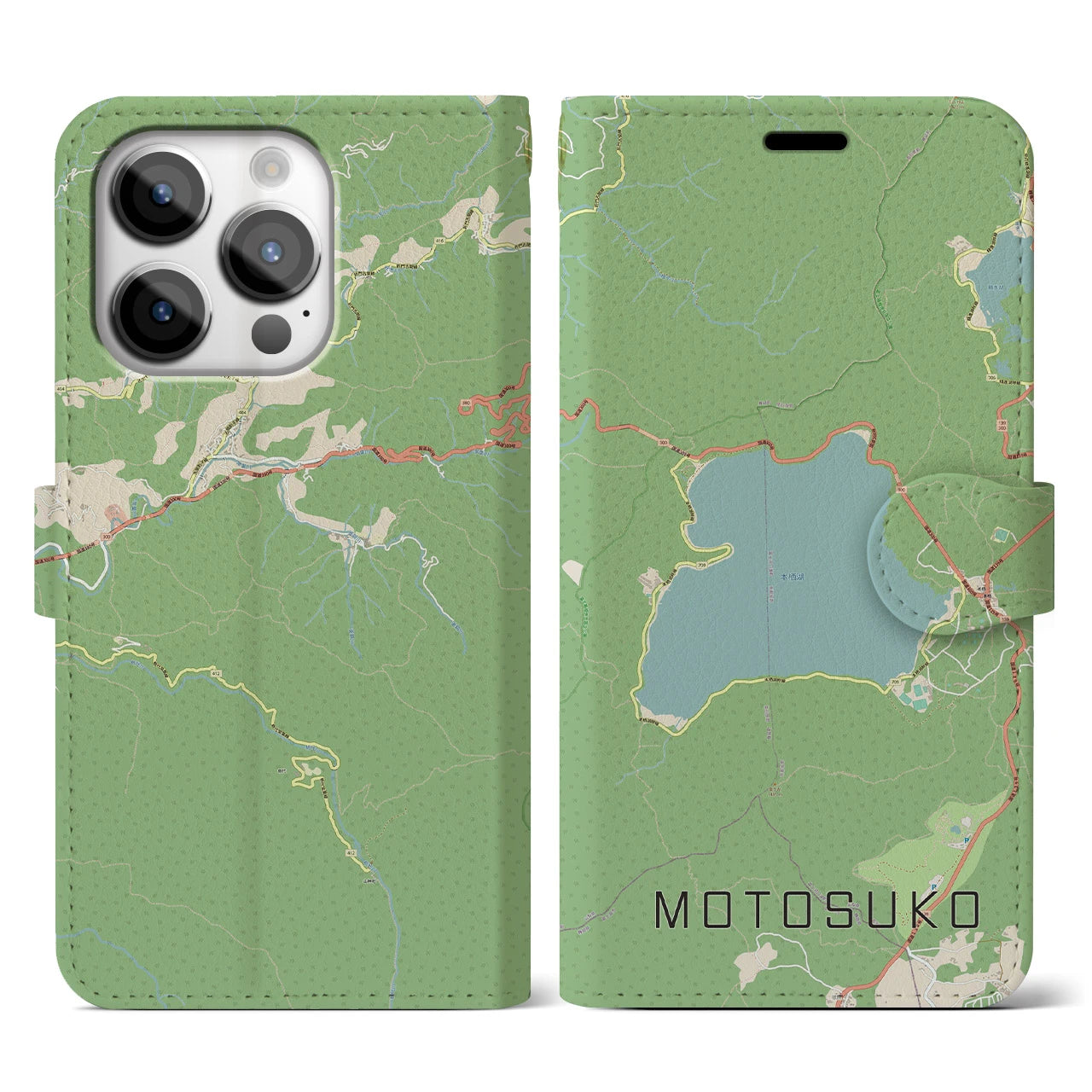【本栖湖(山梨県)】地図柄iPhoneケース(手帳タイプ)ナチュラル・iPhone 14 Pro 用