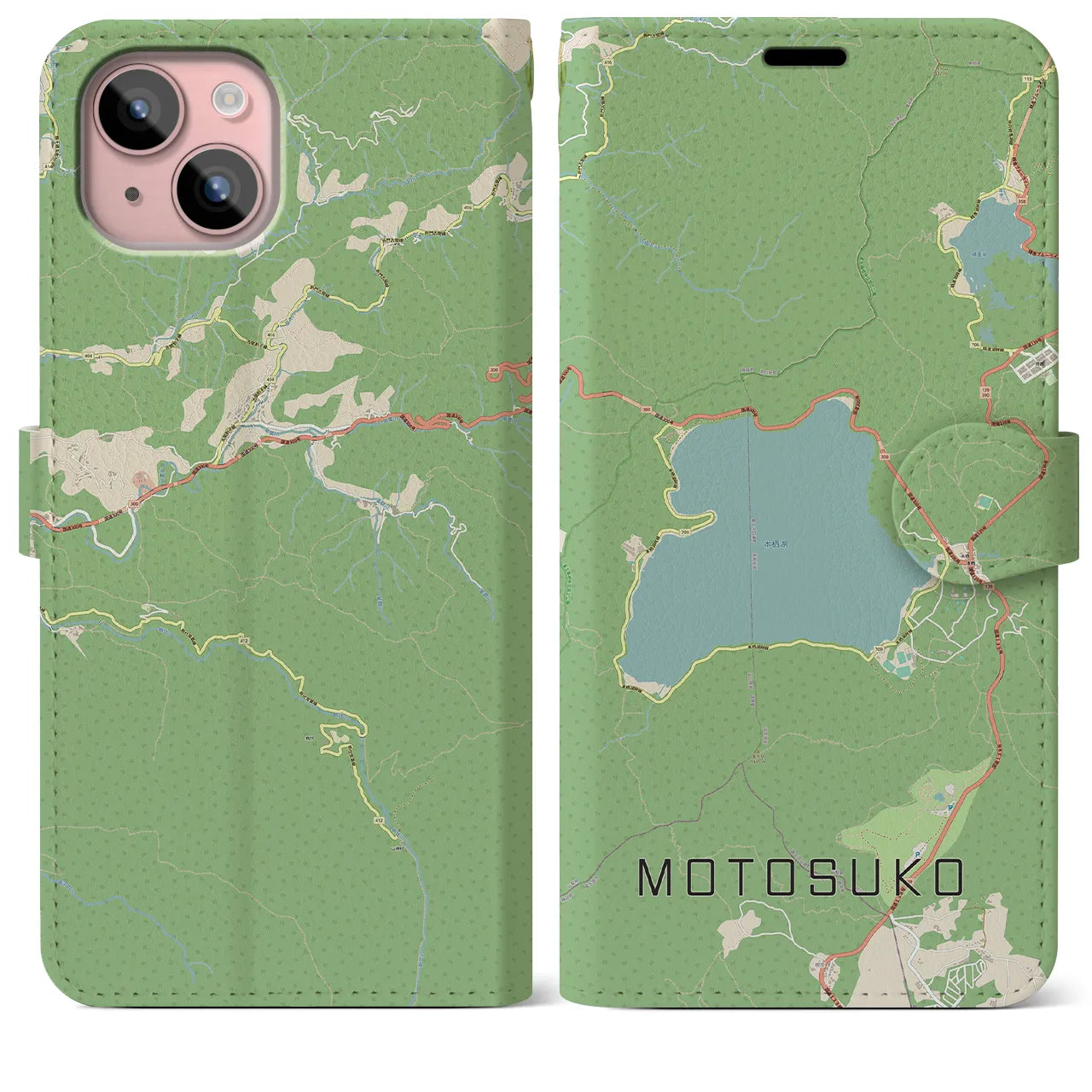 【本栖湖(山梨県)】地図柄iPhoneケース(手帳タイプ)ナチュラル・iPhone 15 Plus 用