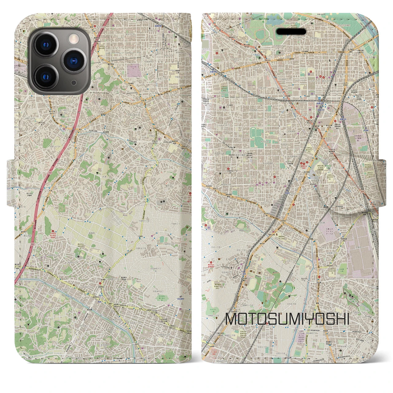 【元住吉(神奈川県)】地図柄iPhoneケース(手帳タイプ)ナチュラル・iPhone 11 Pro Max 用
