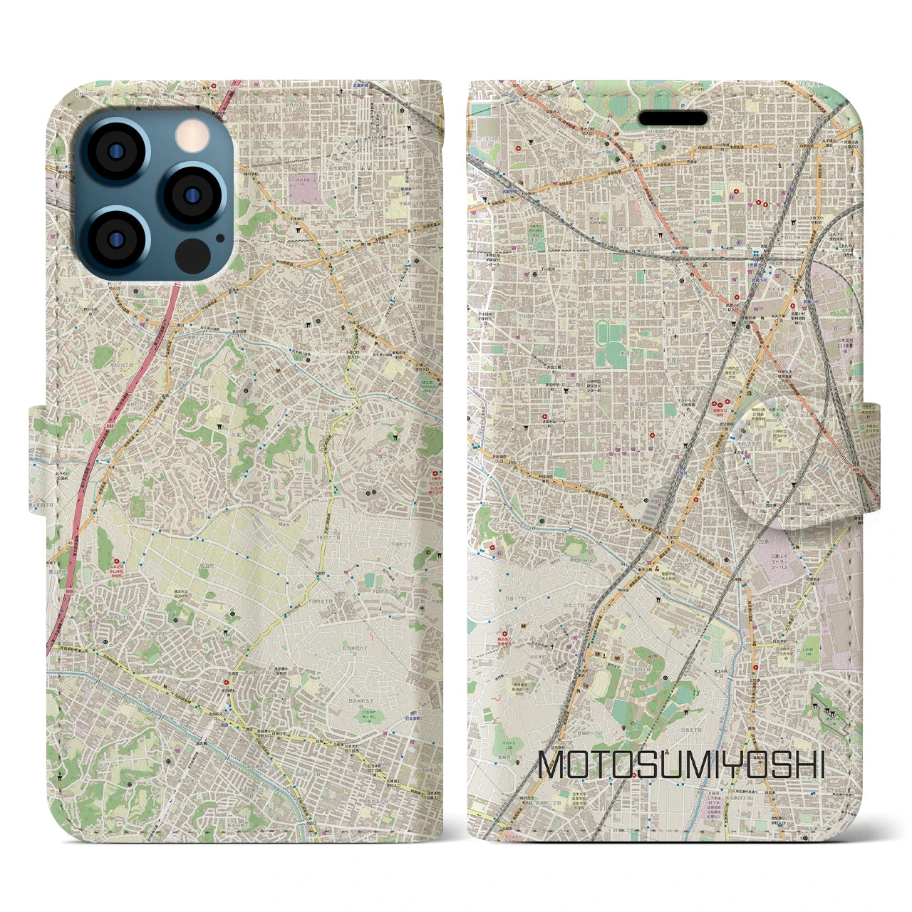 【元住吉(神奈川県)】地図柄iPhoneケース(手帳タイプ)ナチュラル・iPhone 12 / 12 Pro 用