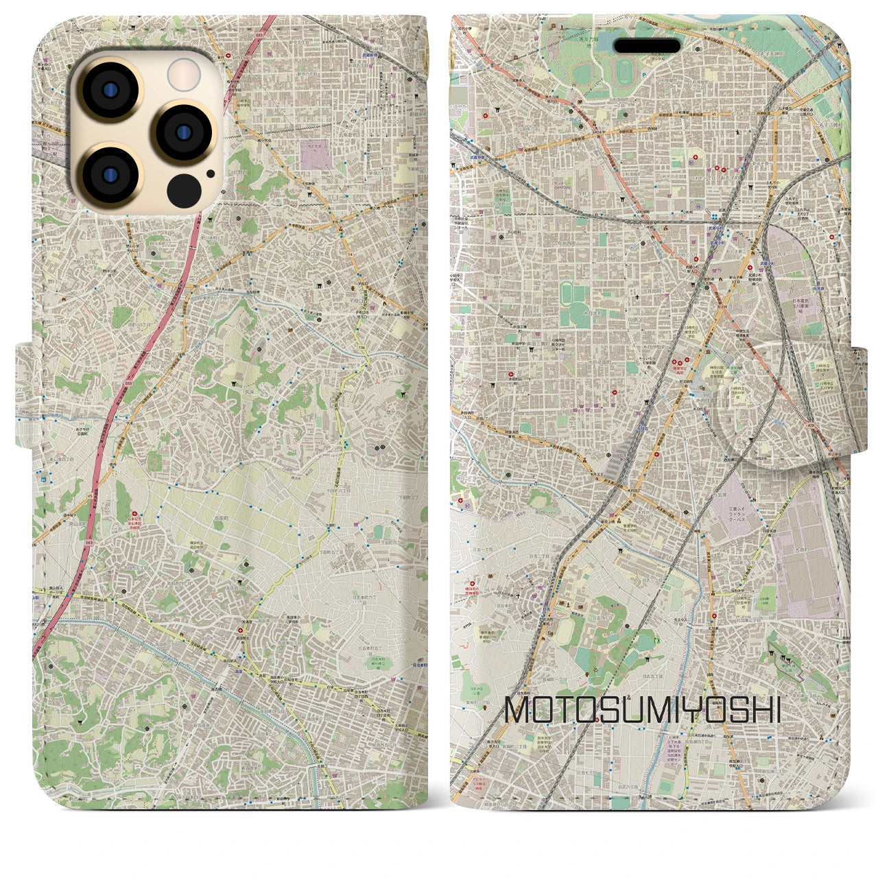 【元住吉(神奈川県)】地図柄iPhoneケース(手帳タイプ)ナチュラル・iPhone 12 Pro Max 用