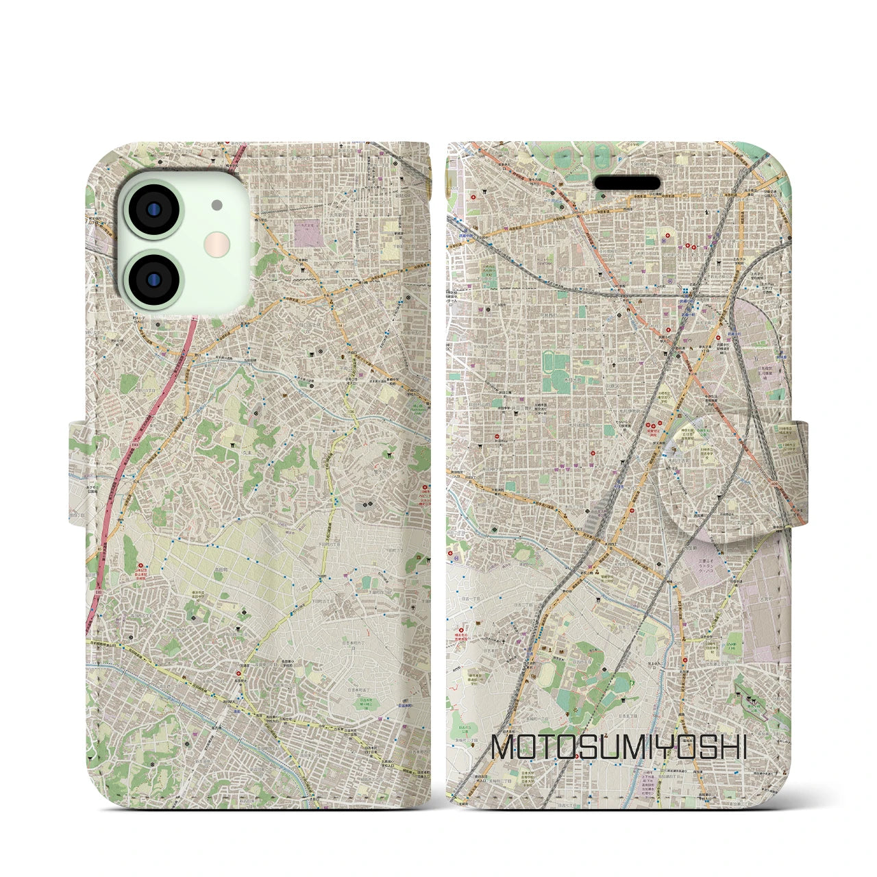 【元住吉(神奈川県)】地図柄iPhoneケース(手帳タイプ)ナチュラル・iPhone 12 mini 用