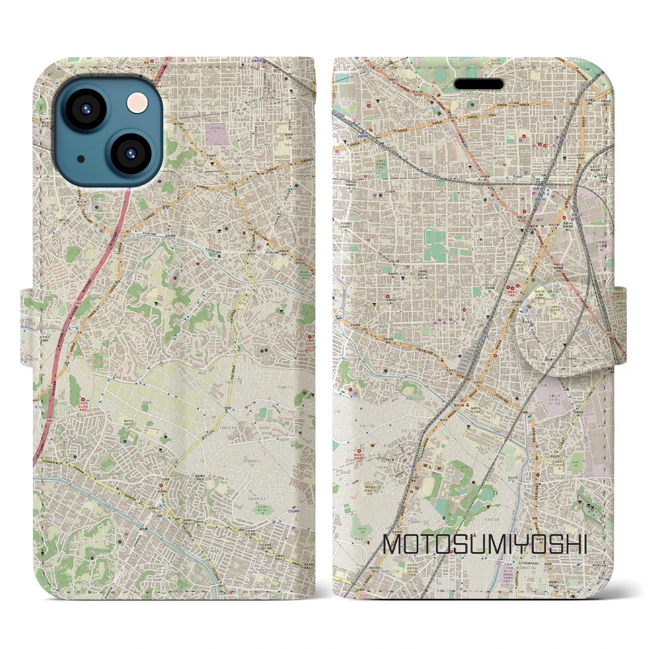 【元住吉(神奈川県)】地図柄iPhoneケース(手帳タイプ)ナチュラル・iPhone 13 用