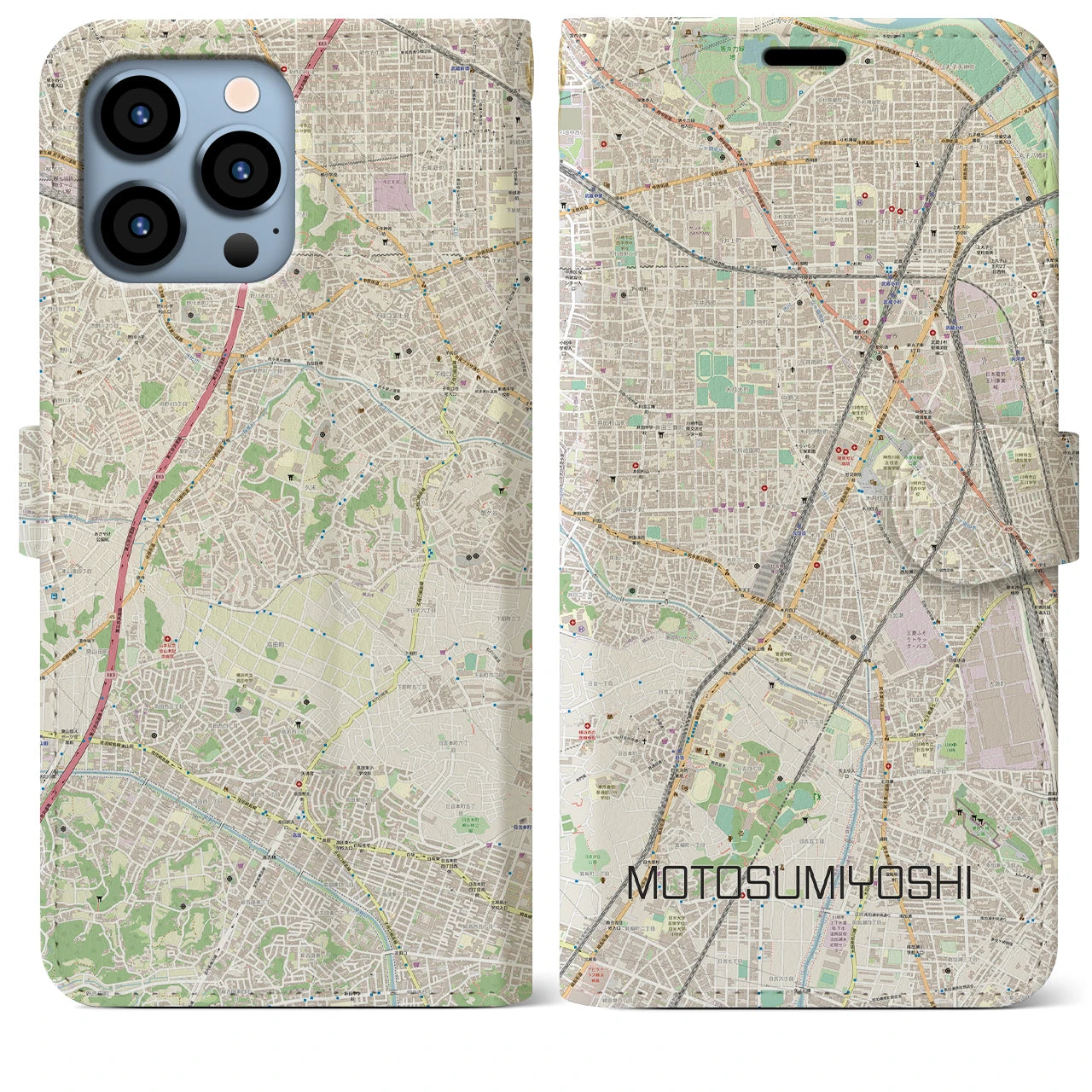 【元住吉(神奈川県)】地図柄iPhoneケース(手帳タイプ)ナチュラル・iPhone 13 Pro Max 用