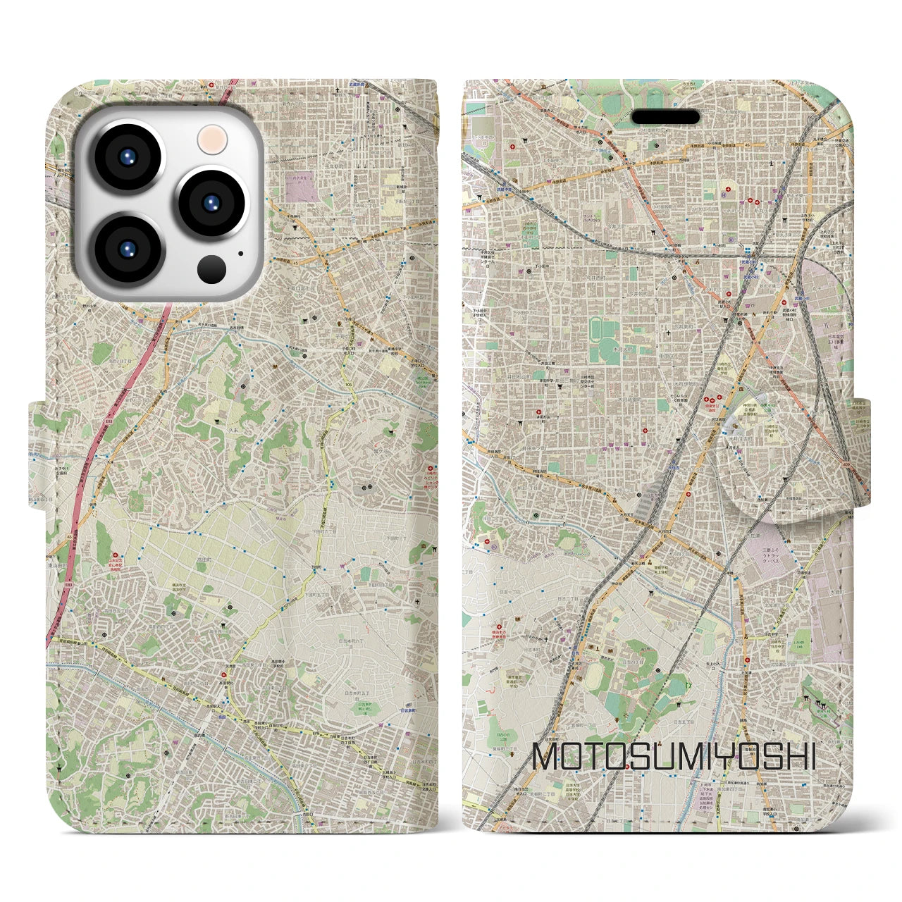 【元住吉(神奈川県)】地図柄iPhoneケース(手帳タイプ)ナチュラル・iPhone 13 Pro 用
