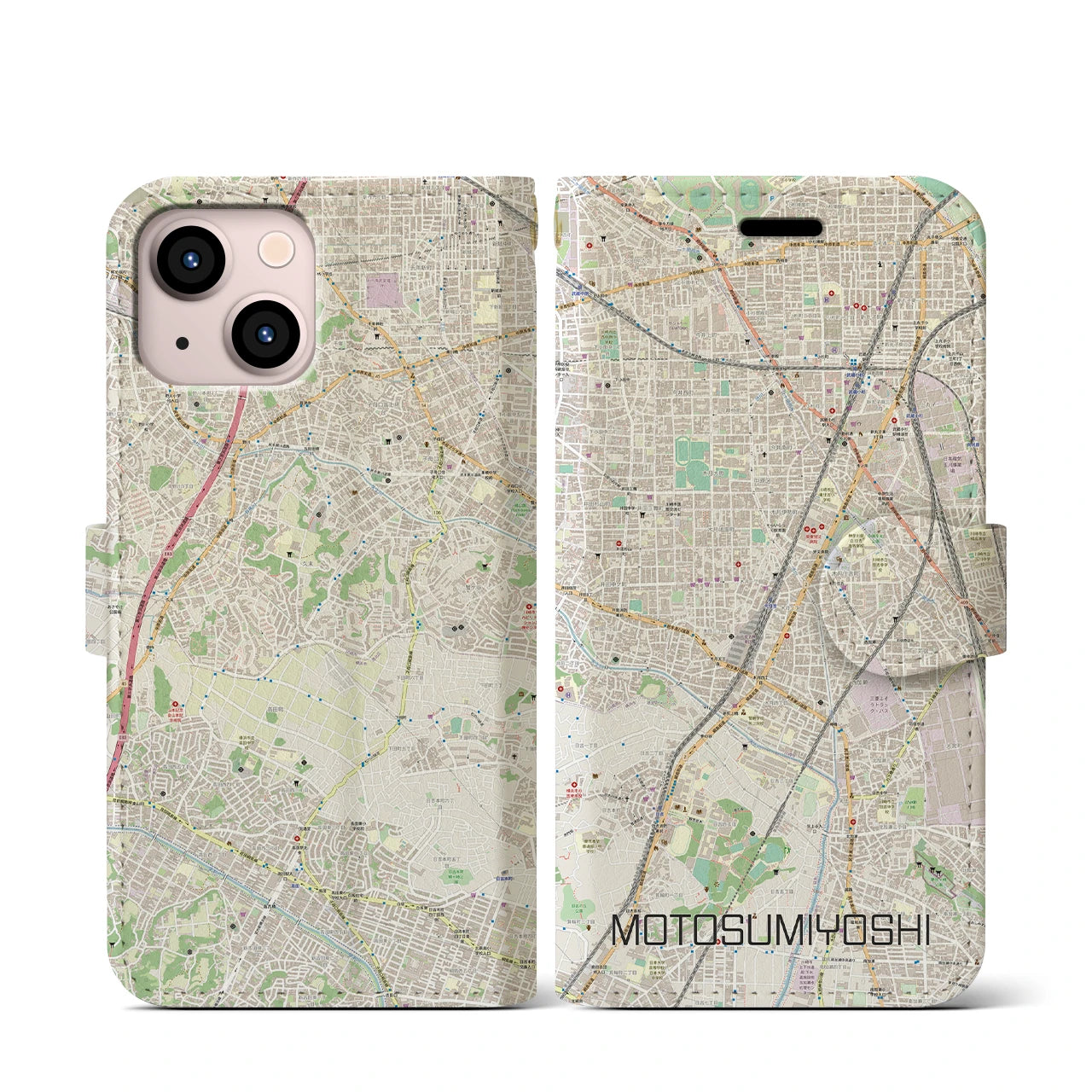 【元住吉(神奈川県)】地図柄iPhoneケース(手帳タイプ)ナチュラル・iPhone 13 mini 用