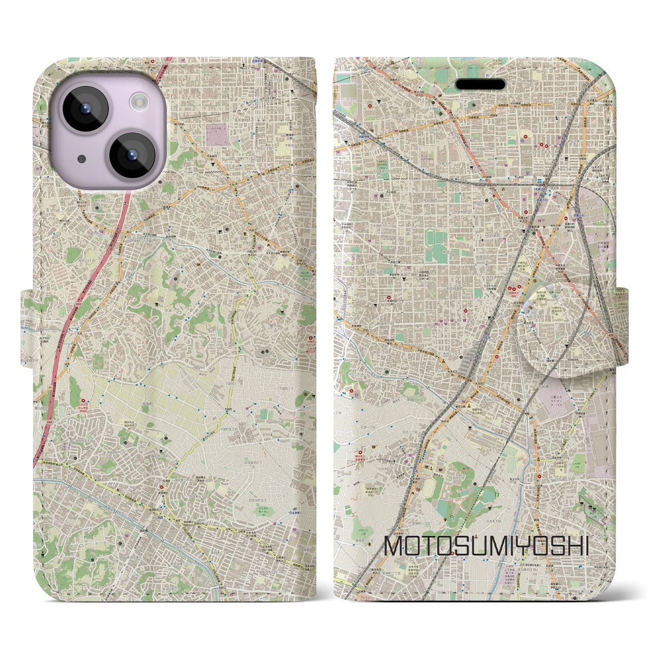 【元住吉(神奈川県)】地図柄iPhoneケース(手帳タイプ)ナチュラル・iPhone 14 用