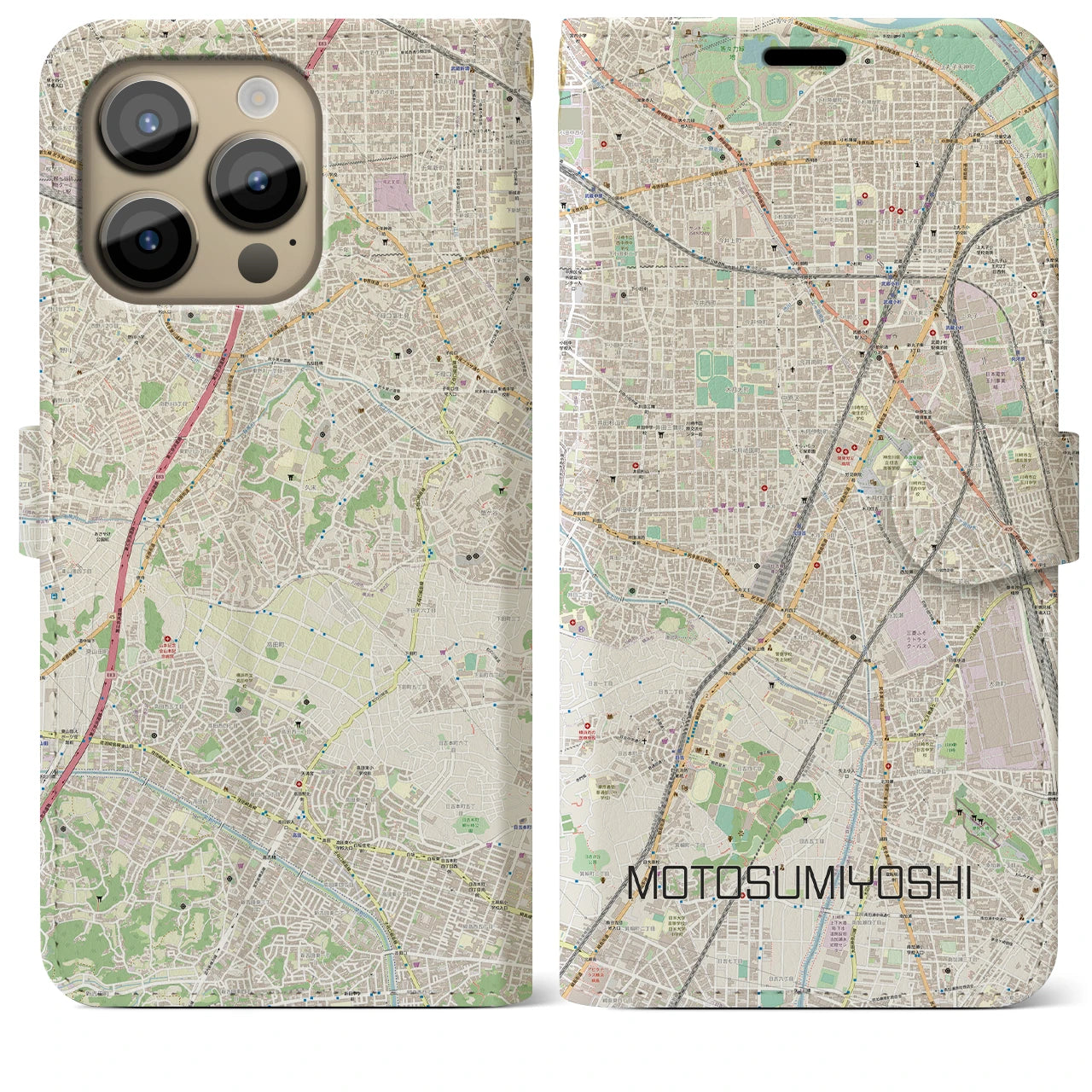 【元住吉(神奈川県)】地図柄iPhoneケース(手帳タイプ)ナチュラル・iPhone 14 Pro Max 用
