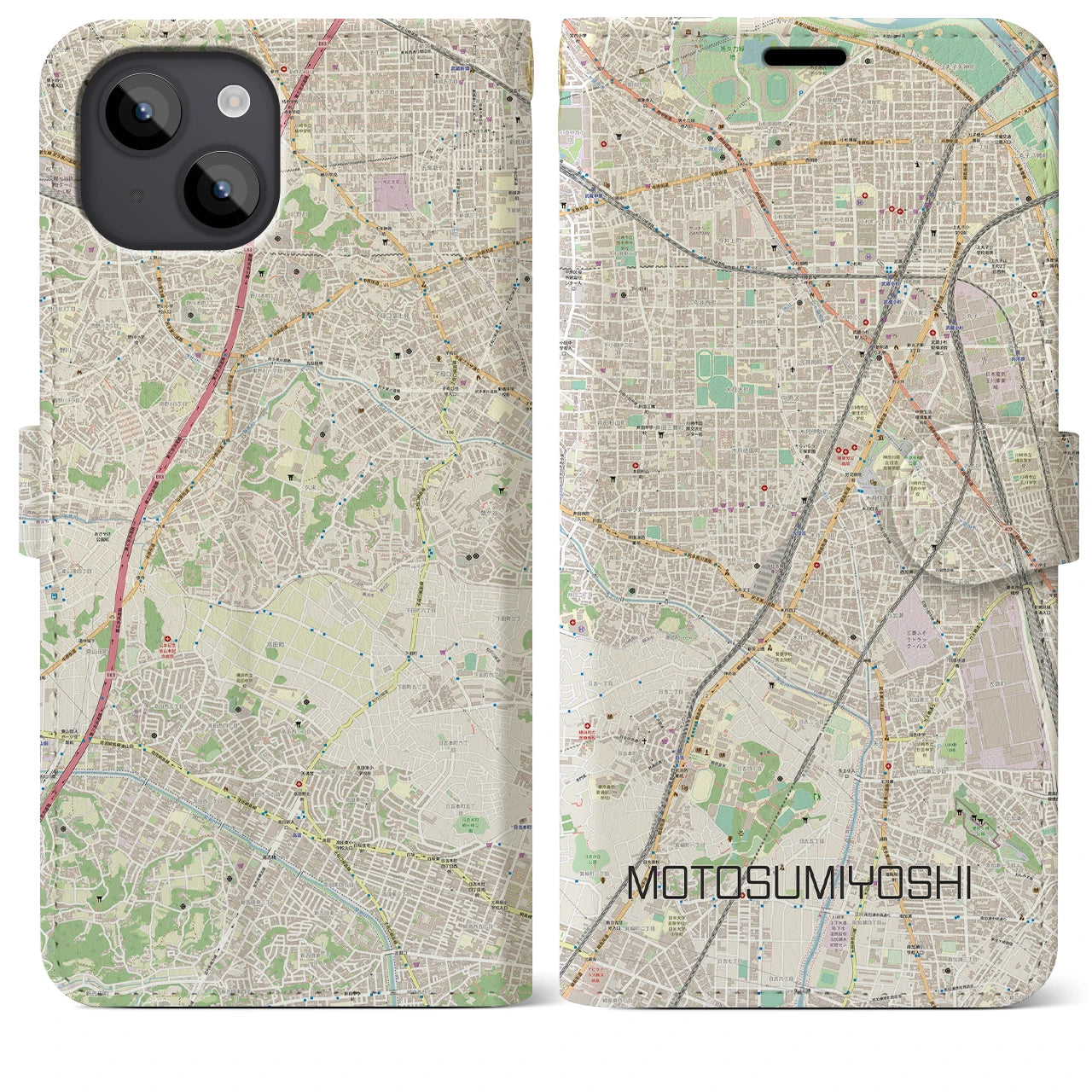 【元住吉(神奈川県)】地図柄iPhoneケース(手帳タイプ)ナチュラル・iPhone 14 Plus 用