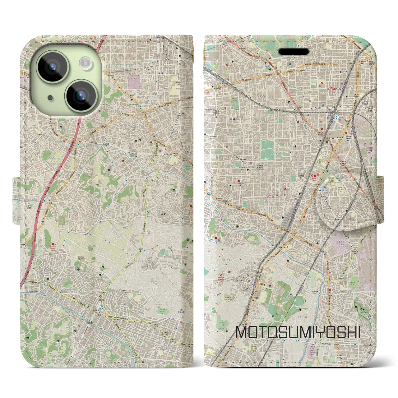 【元住吉(神奈川県)】地図柄iPhoneケース(手帳タイプ)ナチュラル・iPhone 15 用