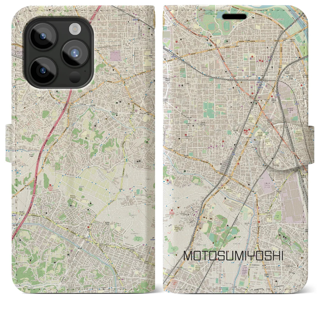 【元住吉(神奈川県)】地図柄iPhoneケース(手帳タイプ)ナチュラル・iPhone 15 Pro Max 用