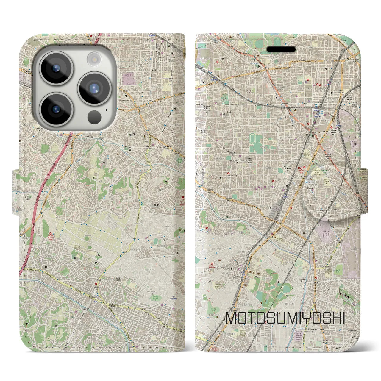 【元住吉(神奈川県)】地図柄iPhoneケース(手帳タイプ)ナチュラル・iPhone 15 Pro 用