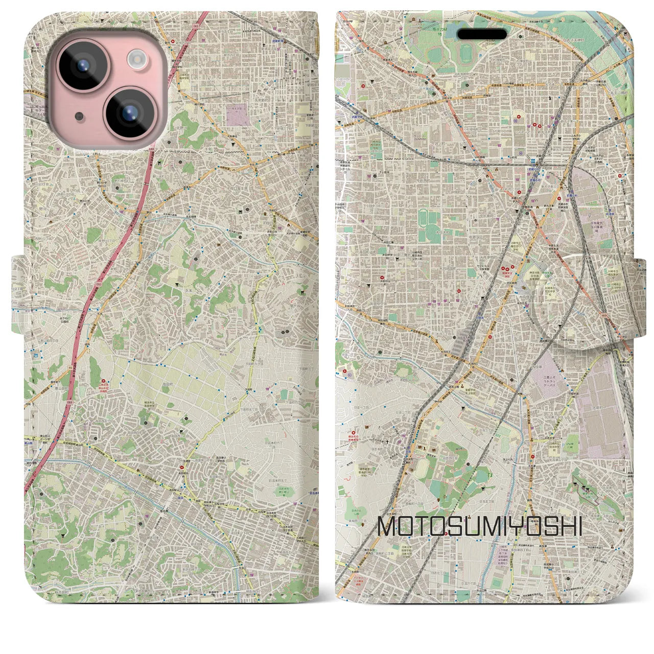 【元住吉(神奈川県)】地図柄iPhoneケース(手帳タイプ)ナチュラル・iPhone 15 Plus 用