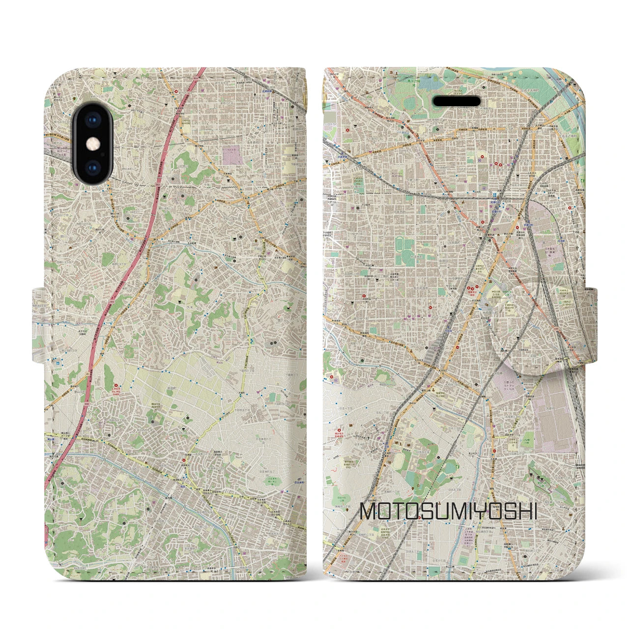 【元住吉(神奈川県)】地図柄iPhoneケース(手帳タイプ)ナチュラル・iPhone XS / X 用