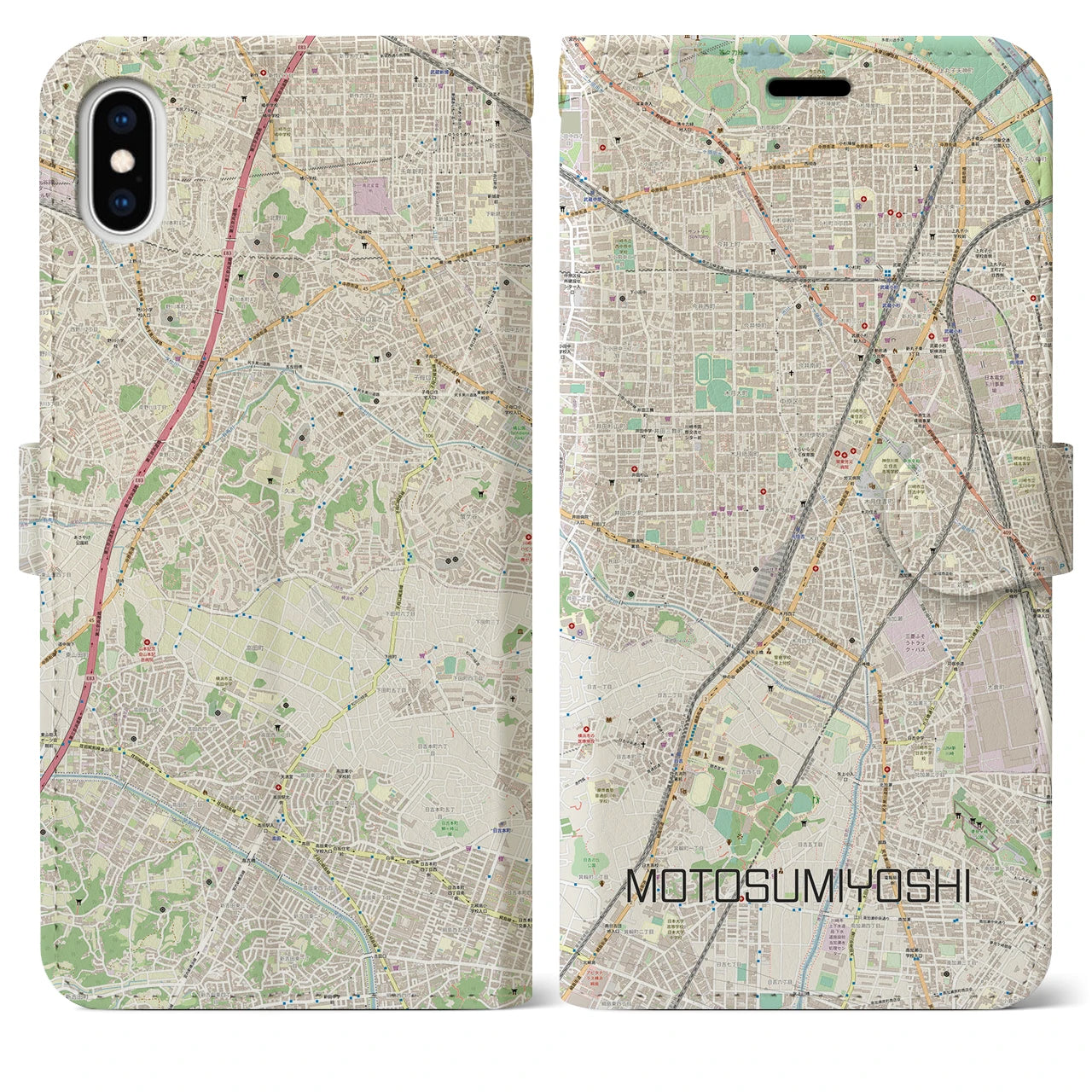 【元住吉(神奈川県)】地図柄iPhoneケース(手帳タイプ)ナチュラル・iPhone XS Max 用