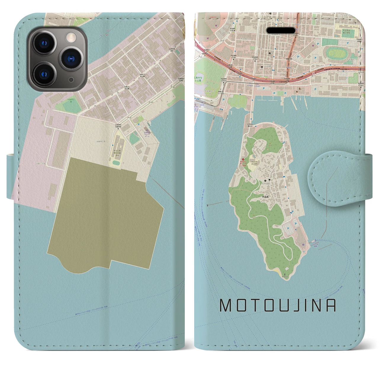 【元宇品(広島県)】地図柄iPhoneケース(手帳タイプ)ナチュラル・iPhone 11 Pro Max 用