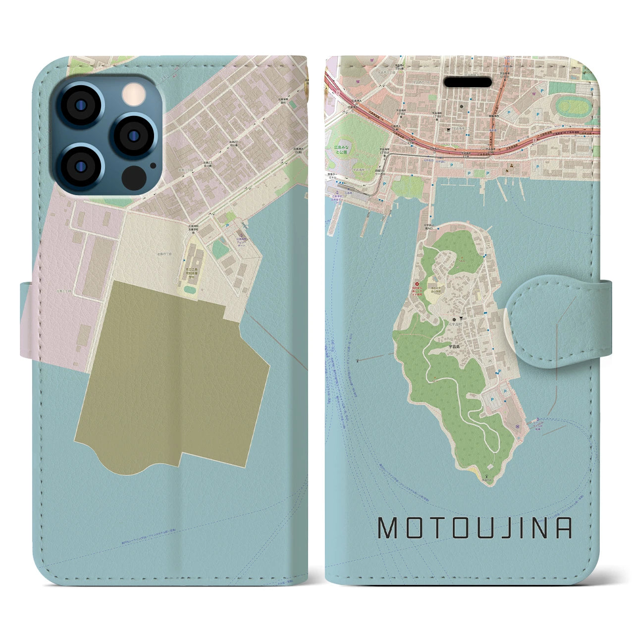 【元宇品(広島県)】地図柄iPhoneケース(手帳タイプ)ナチュラル・iPhone 12 / 12 Pro 用