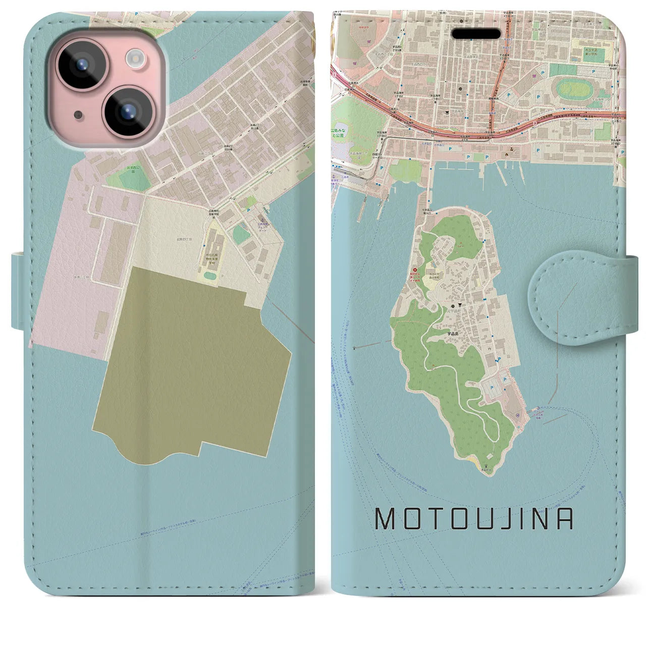 【元宇品(広島県)】地図柄iPhoneケース(手帳タイプ)ナチュラル・iPhone 15 Plus 用