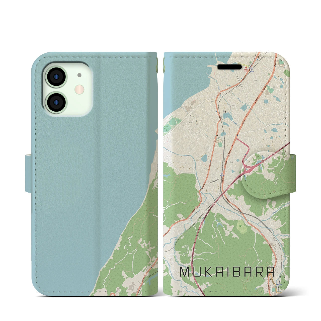 【向井原(愛媛県)】地図柄iPhoneケース(手帳タイプ)ナチュラル・iPhone 12 mini 用
