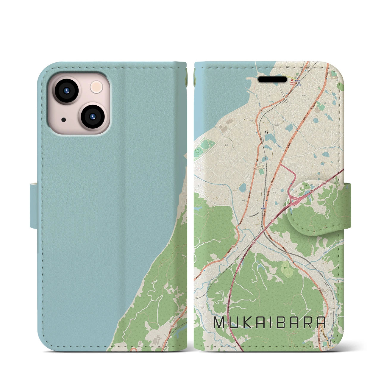 【向井原(愛媛県)】地図柄iPhoneケース(手帳タイプ)ナチュラル・iPhone 13 mini 用