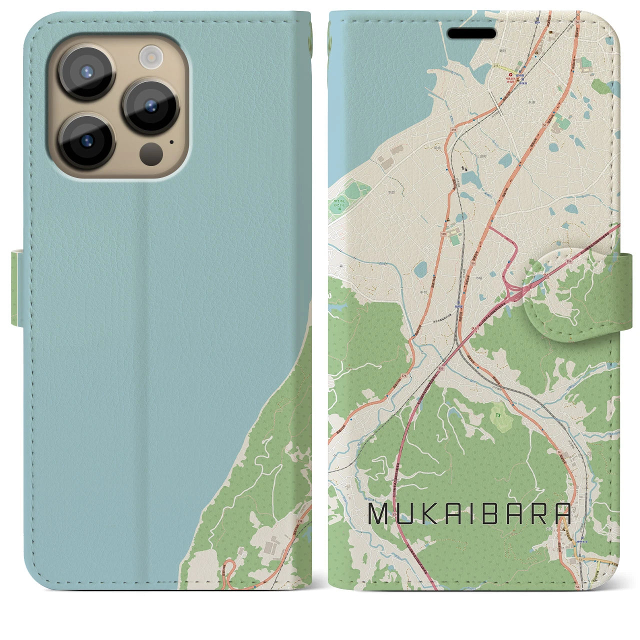 【向井原(愛媛県)】地図柄iPhoneケース(手帳タイプ)ナチュラル・iPhone 14 Pro Max 用