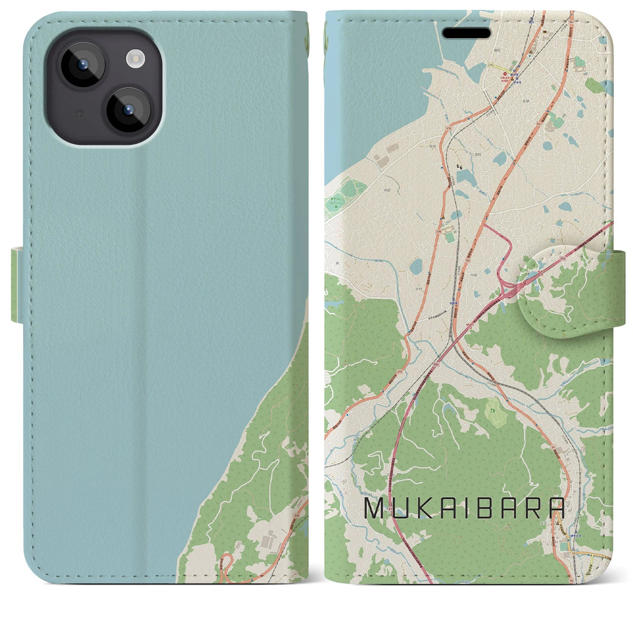 【向井原(愛媛県)】地図柄iPhoneケース(手帳タイプ)ナチュラル・iPhone 14 Plus 用
