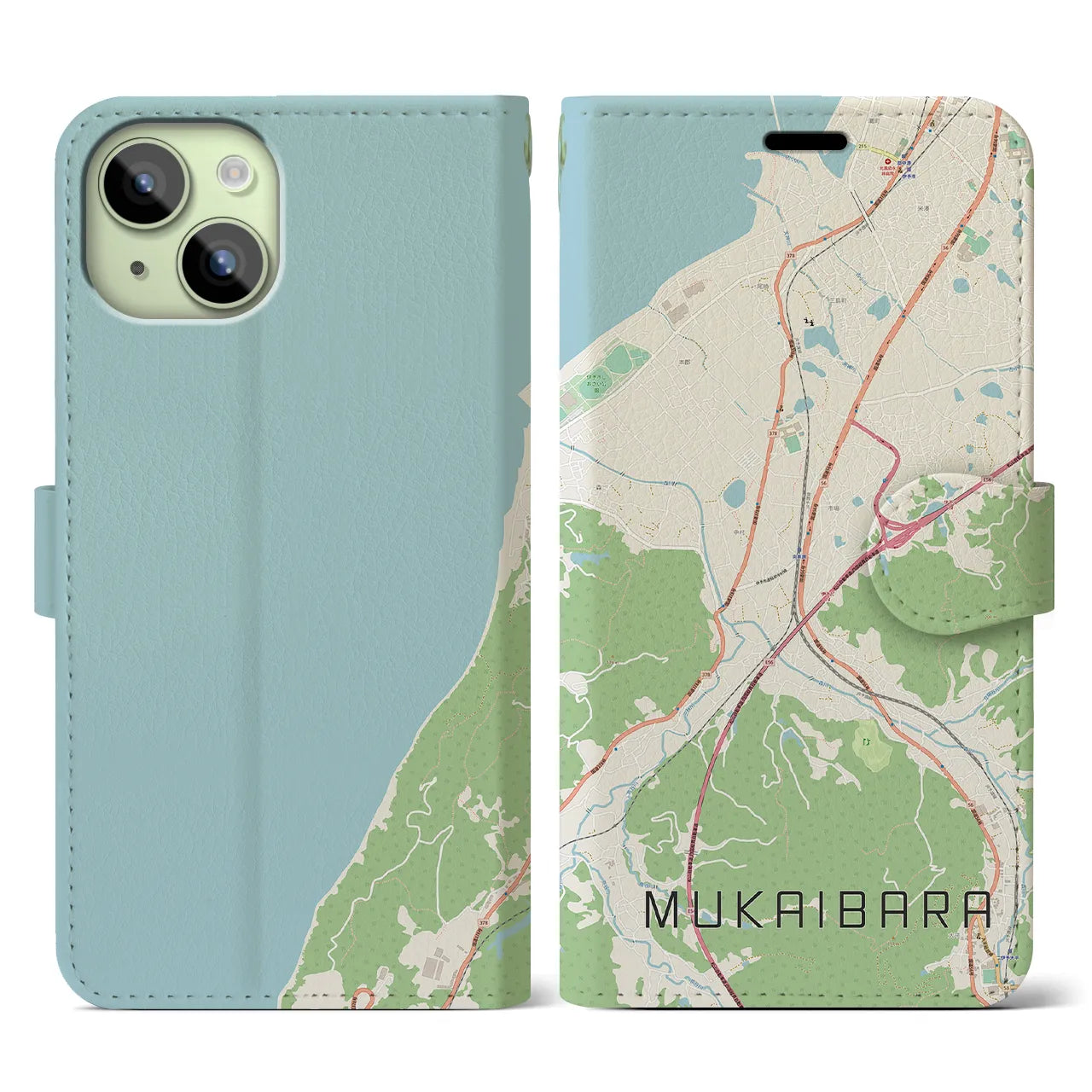 【向井原(愛媛県)】地図柄iPhoneケース(手帳タイプ)ナチュラル・iPhone 15 用