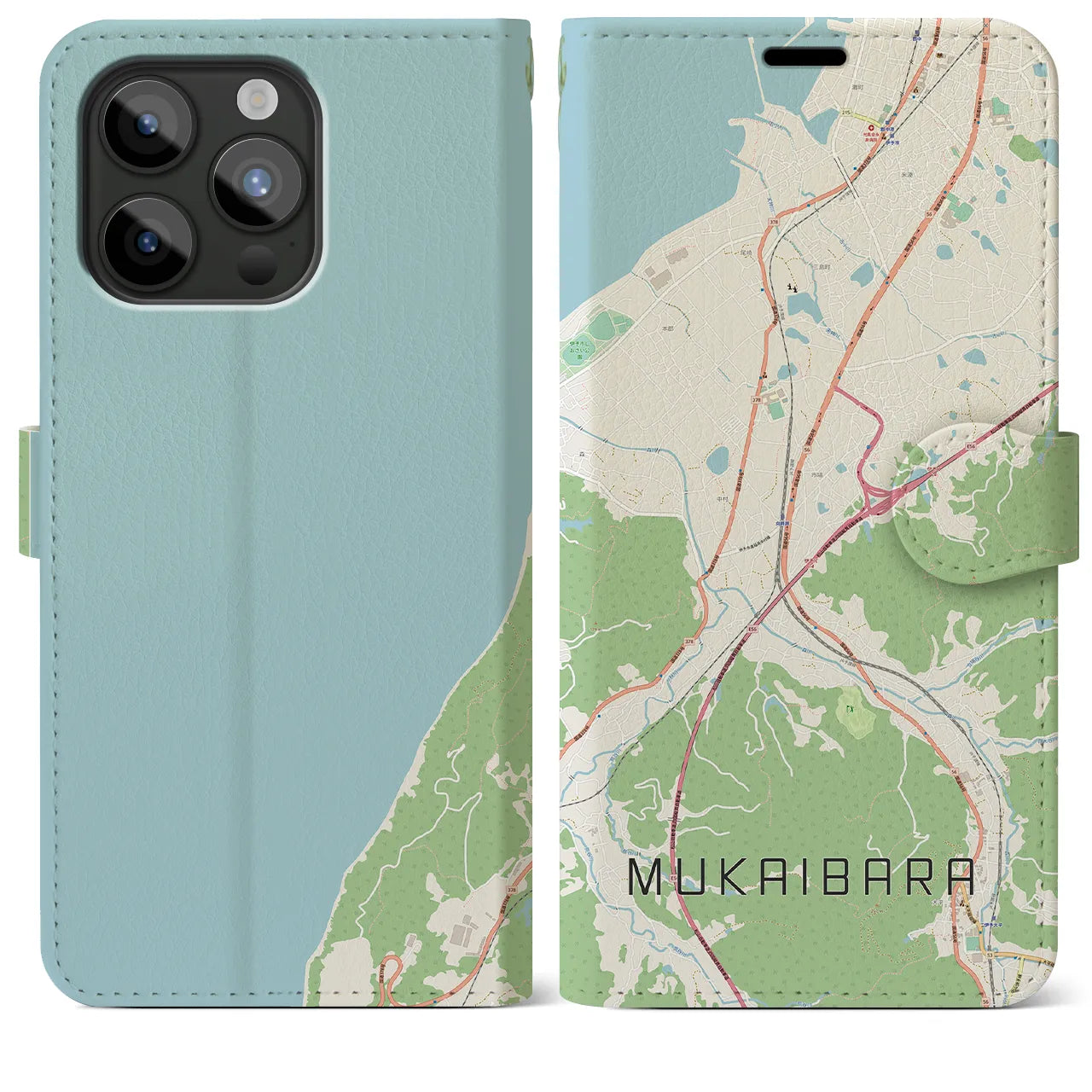 【向井原(愛媛県)】地図柄iPhoneケース(手帳タイプ)ナチュラル・iPhone 15 Pro Max 用